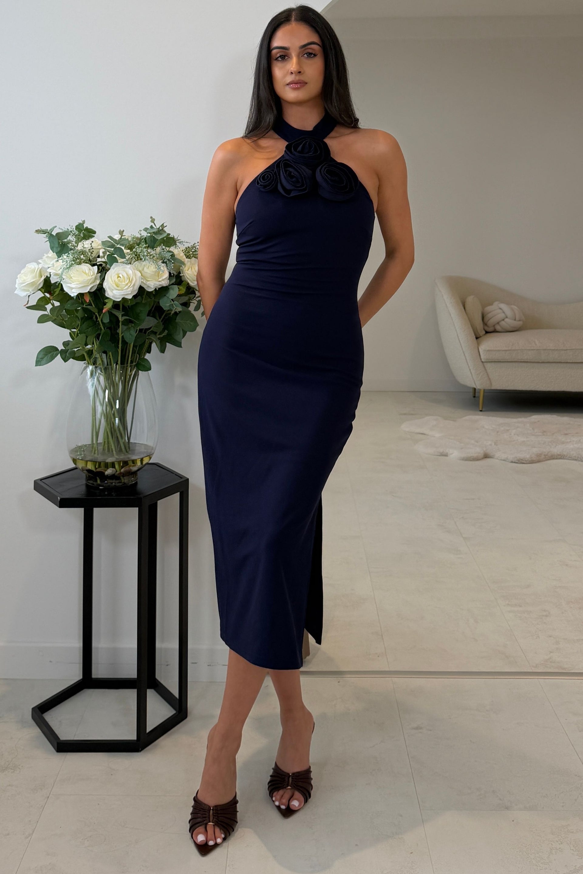 Dolly 3D Floral Halterneck Midi Dress Navy
