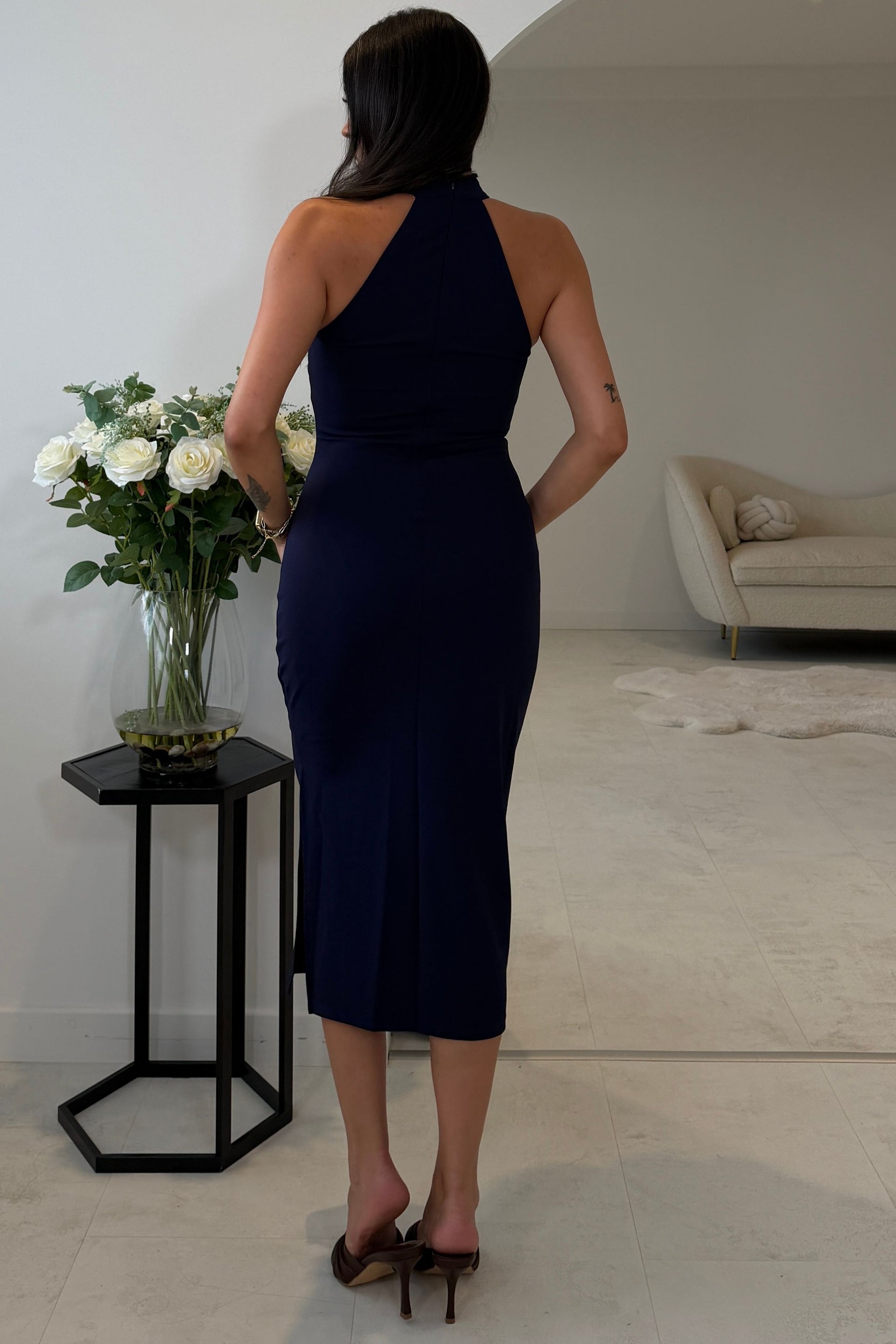 Dolly 3D Floral Halterneck Midi Dress Navy