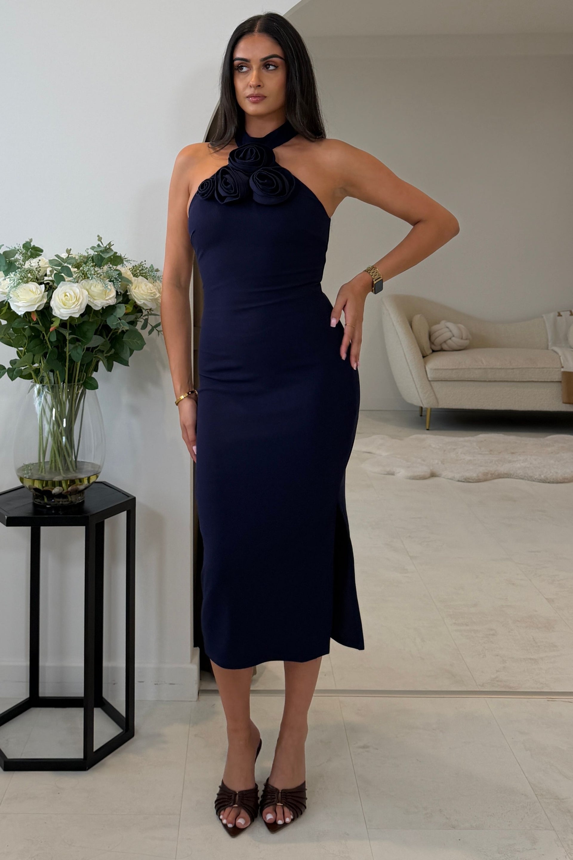 Dolly 3D Floral Halterneck Midi Dress Navy