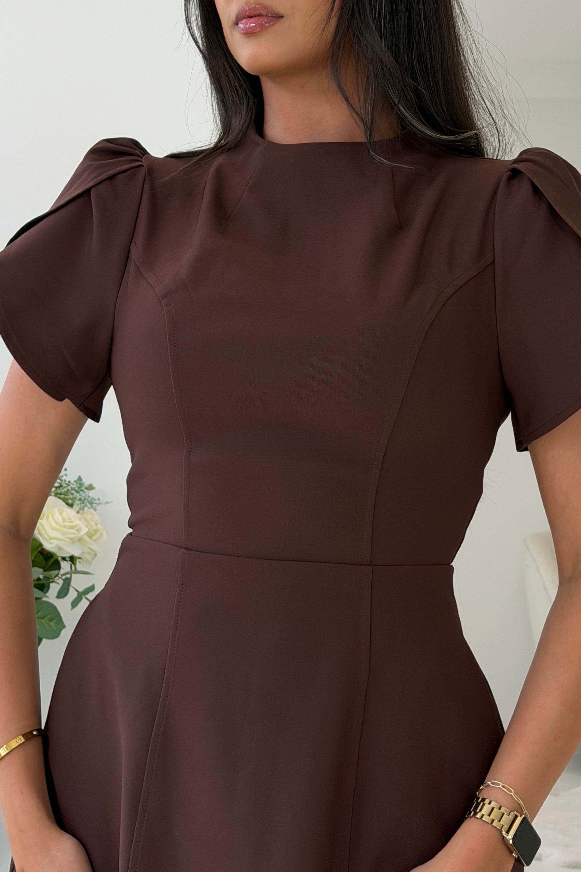 Ami Tulip Sleeve High Neck Mini Dress Brown