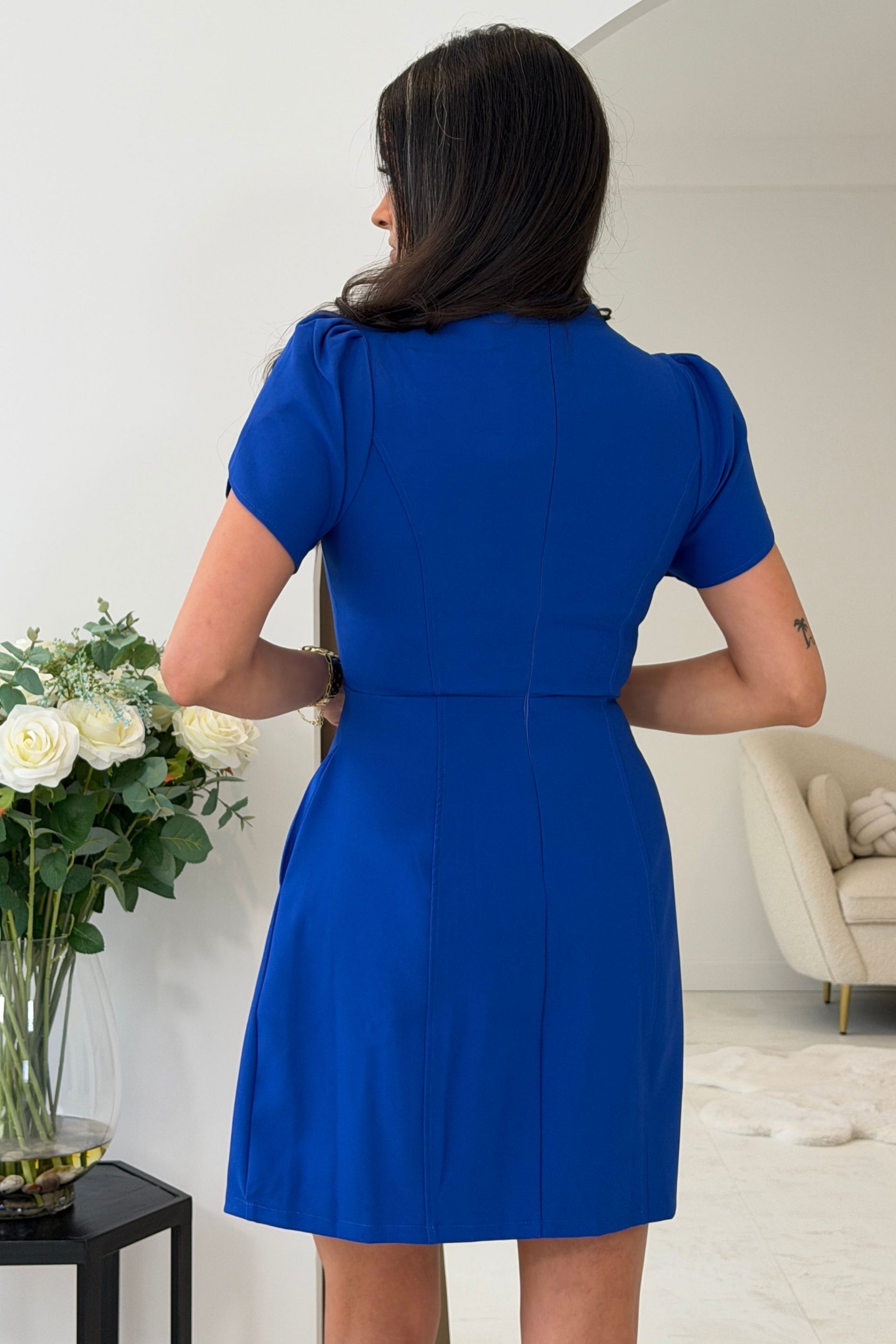Ami Tulip Sleeve High Neck Mini Dress Cobalt