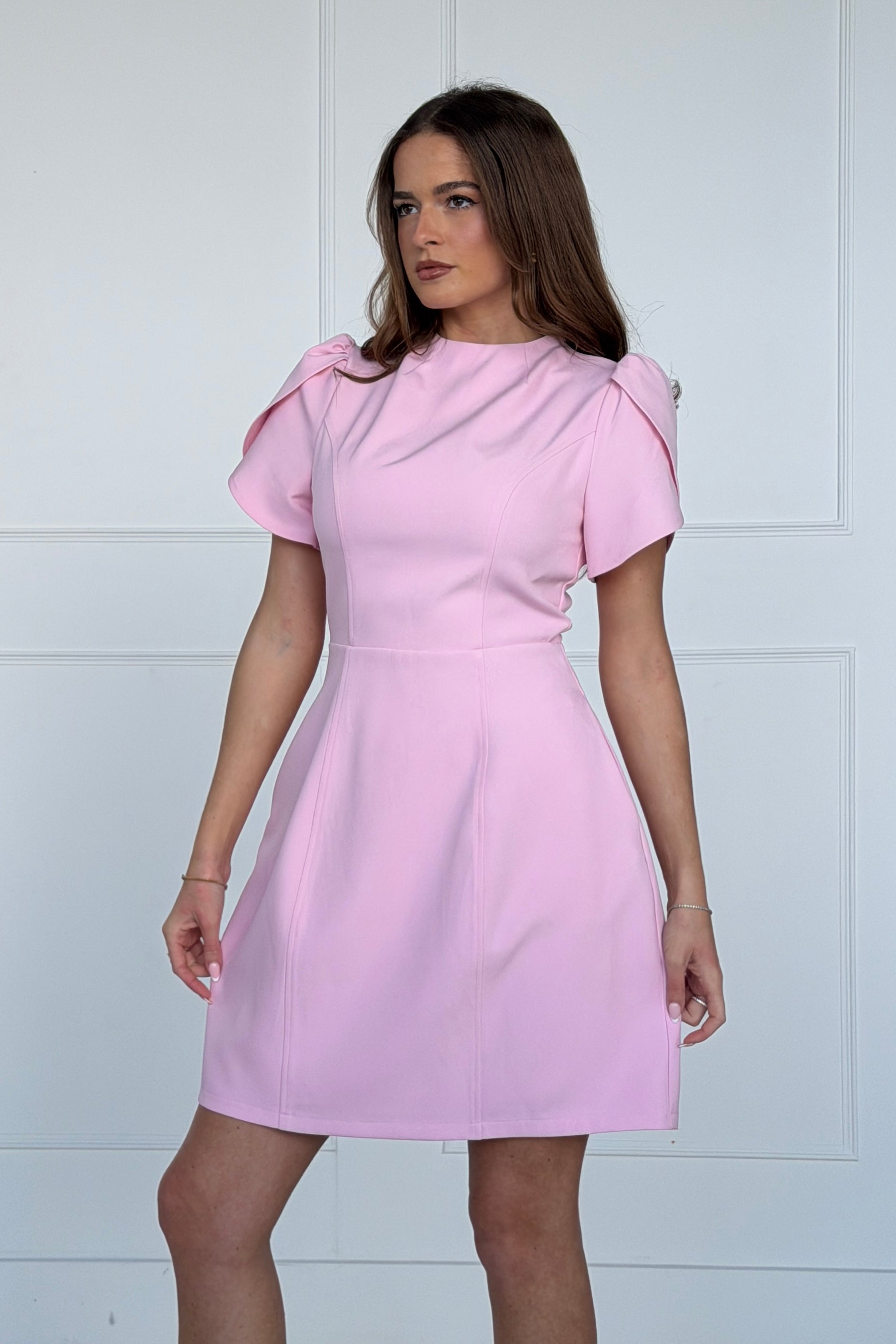 Ami Tulip Sleeve High Neck Mini Dress Pink