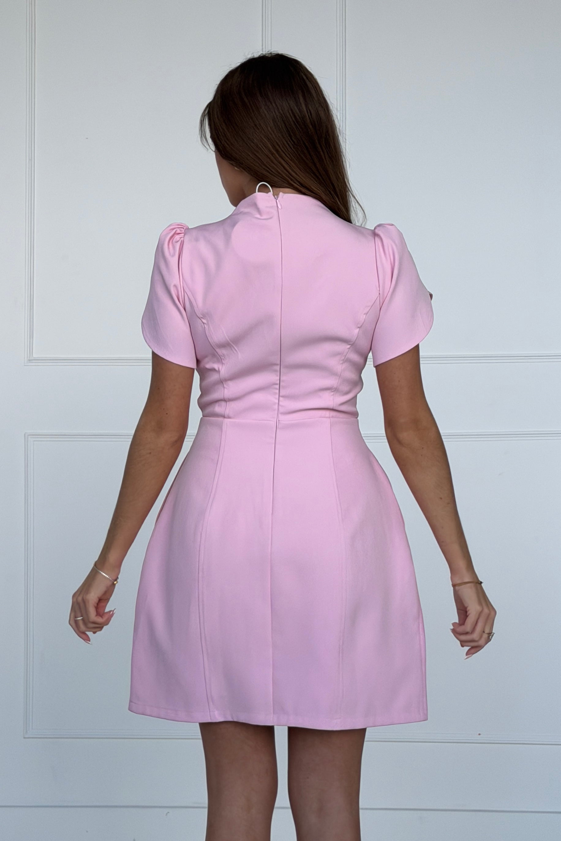 Ami Tulip Sleeve High Neck Mini Dress Pink