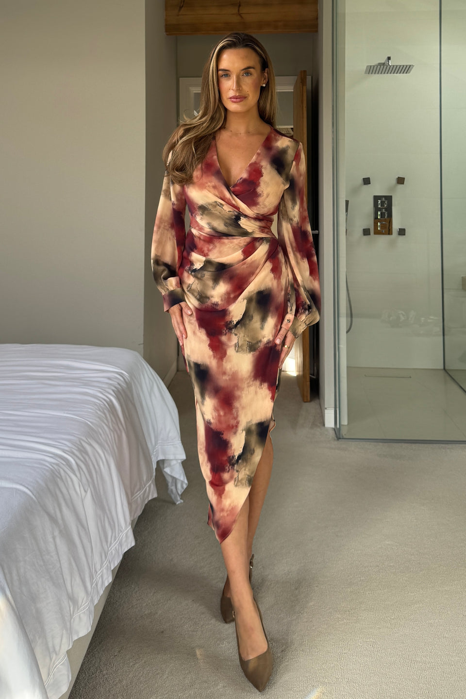 Elsa Long Sleeve Wrap Asymmetric Brown Print