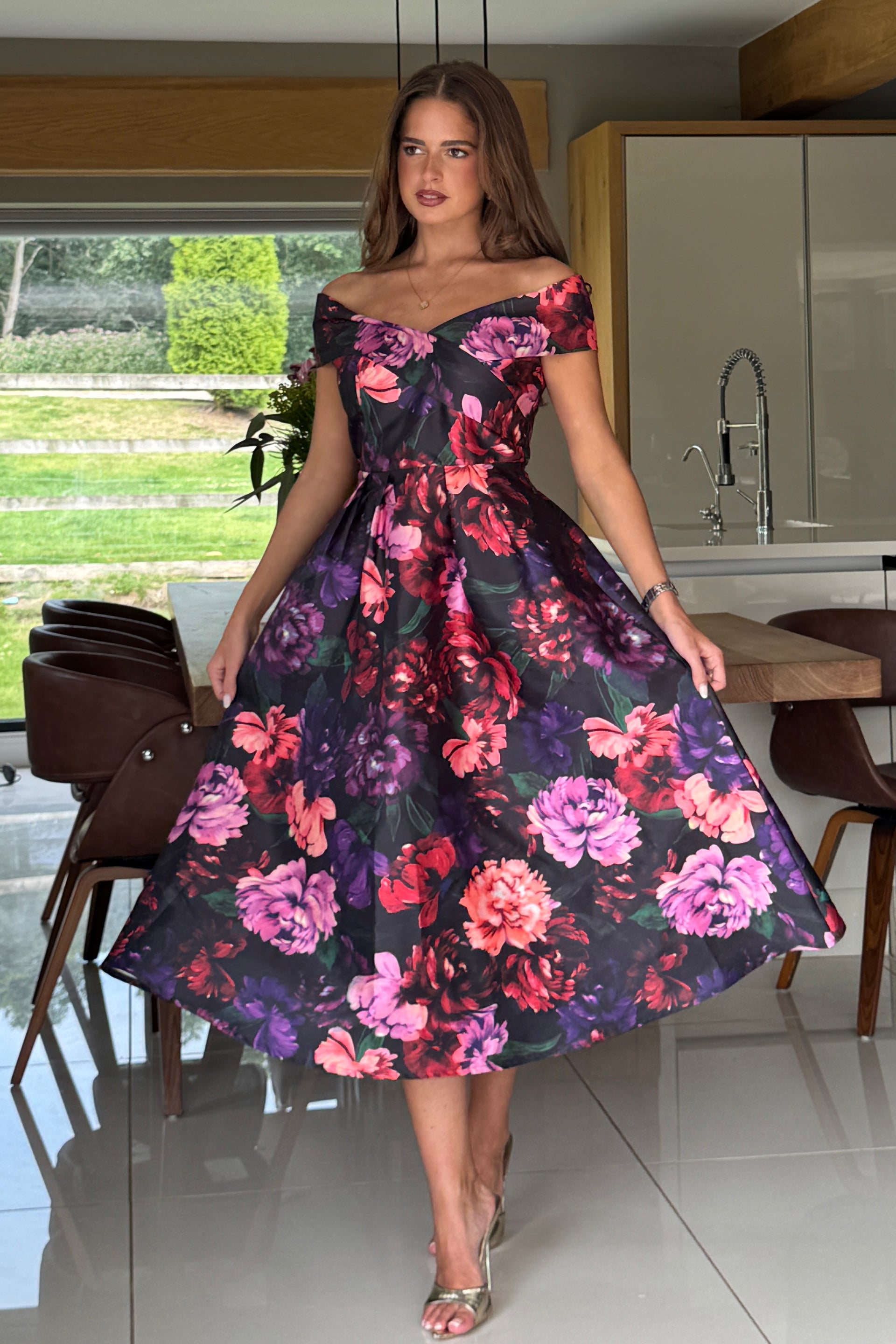 Daphne Off The Shoulder Skater Midi Dress Dark Floral Girl In Mind Daphne Off The Shoulder Skater Midi Dress Dark Floral Girl In Mind