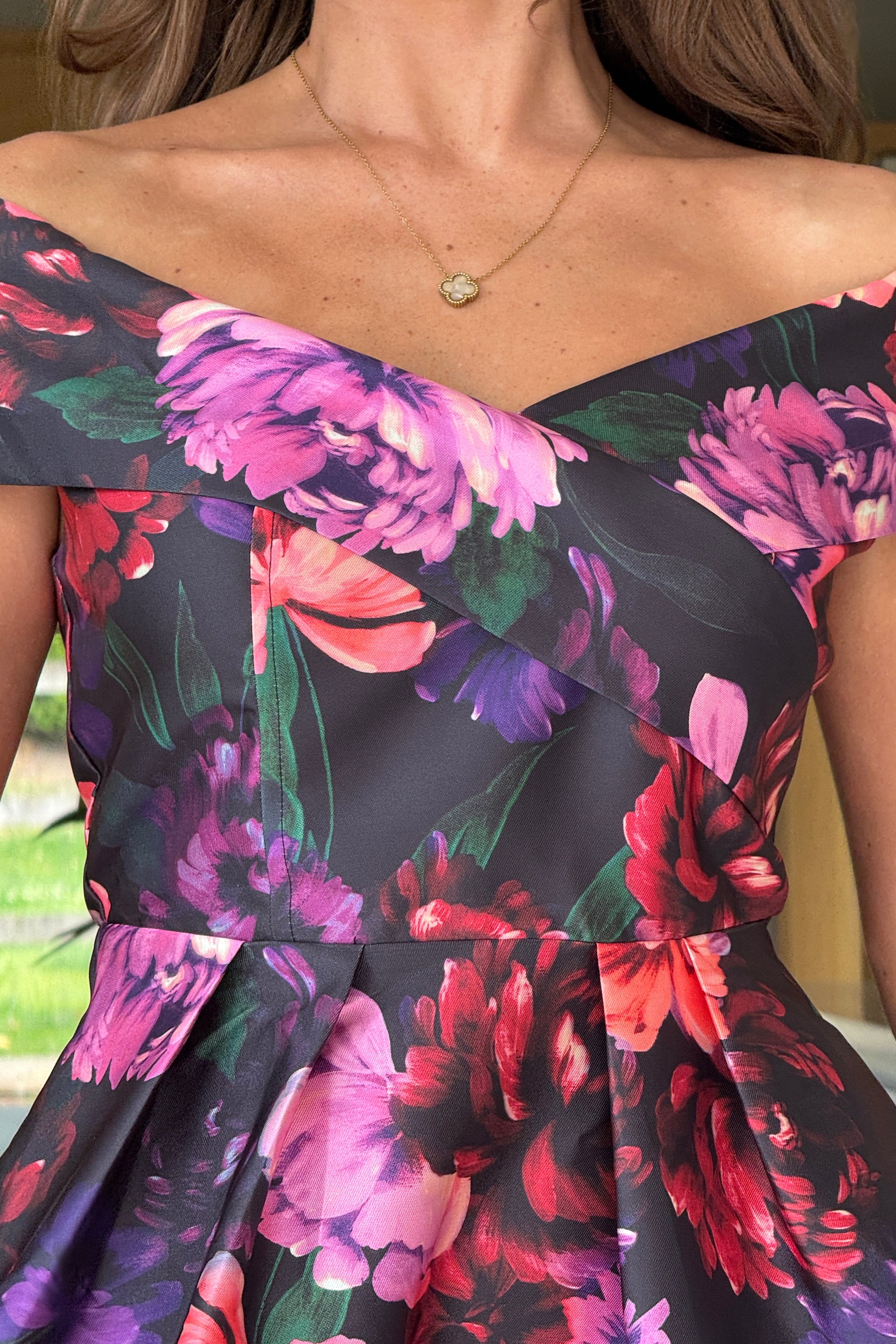 Daphne Off The Shoulder Skater Midi Dress Dark Floral – Girl In Mind
