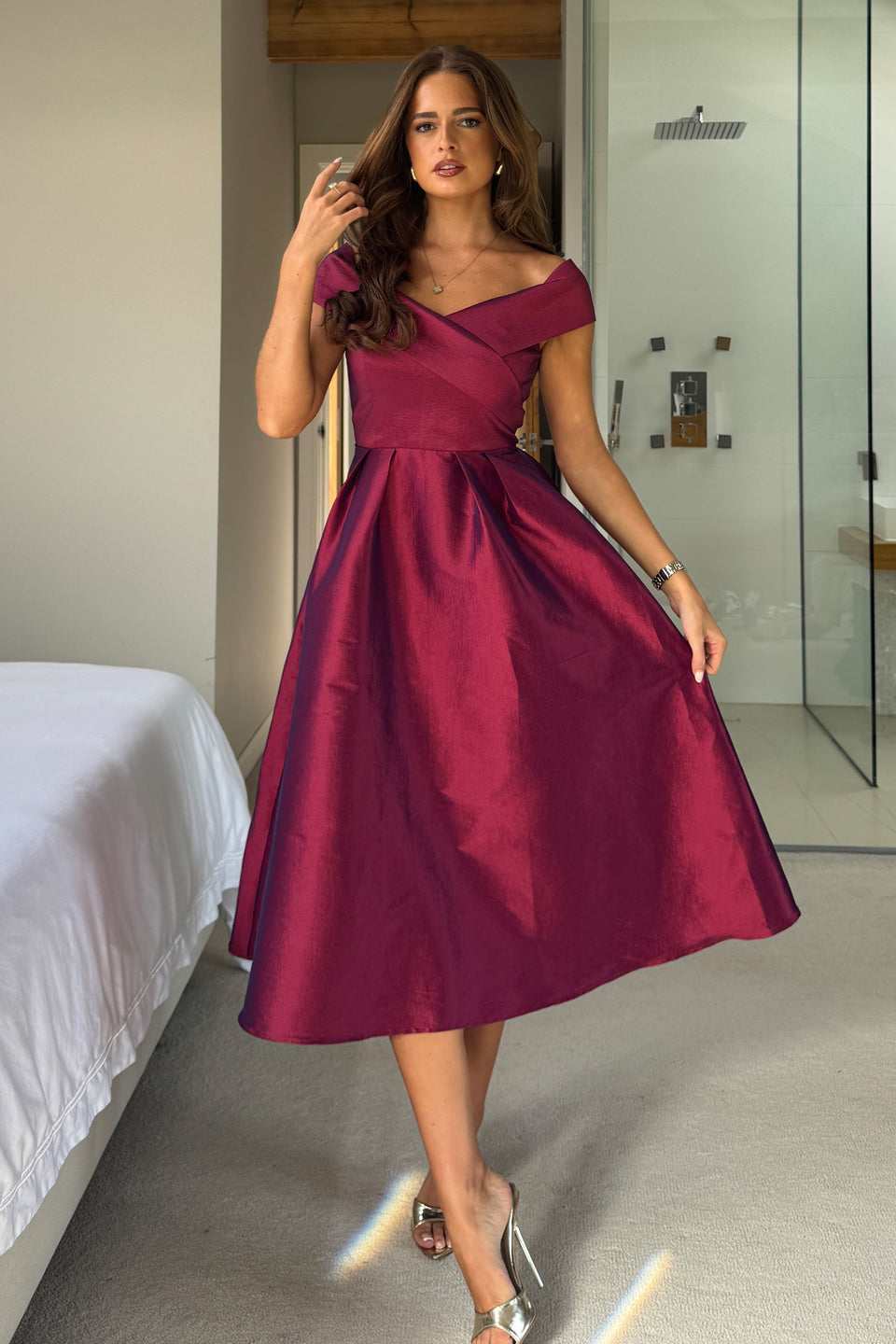 Daphne Off The Shoulder Skater Midi Dress Plum