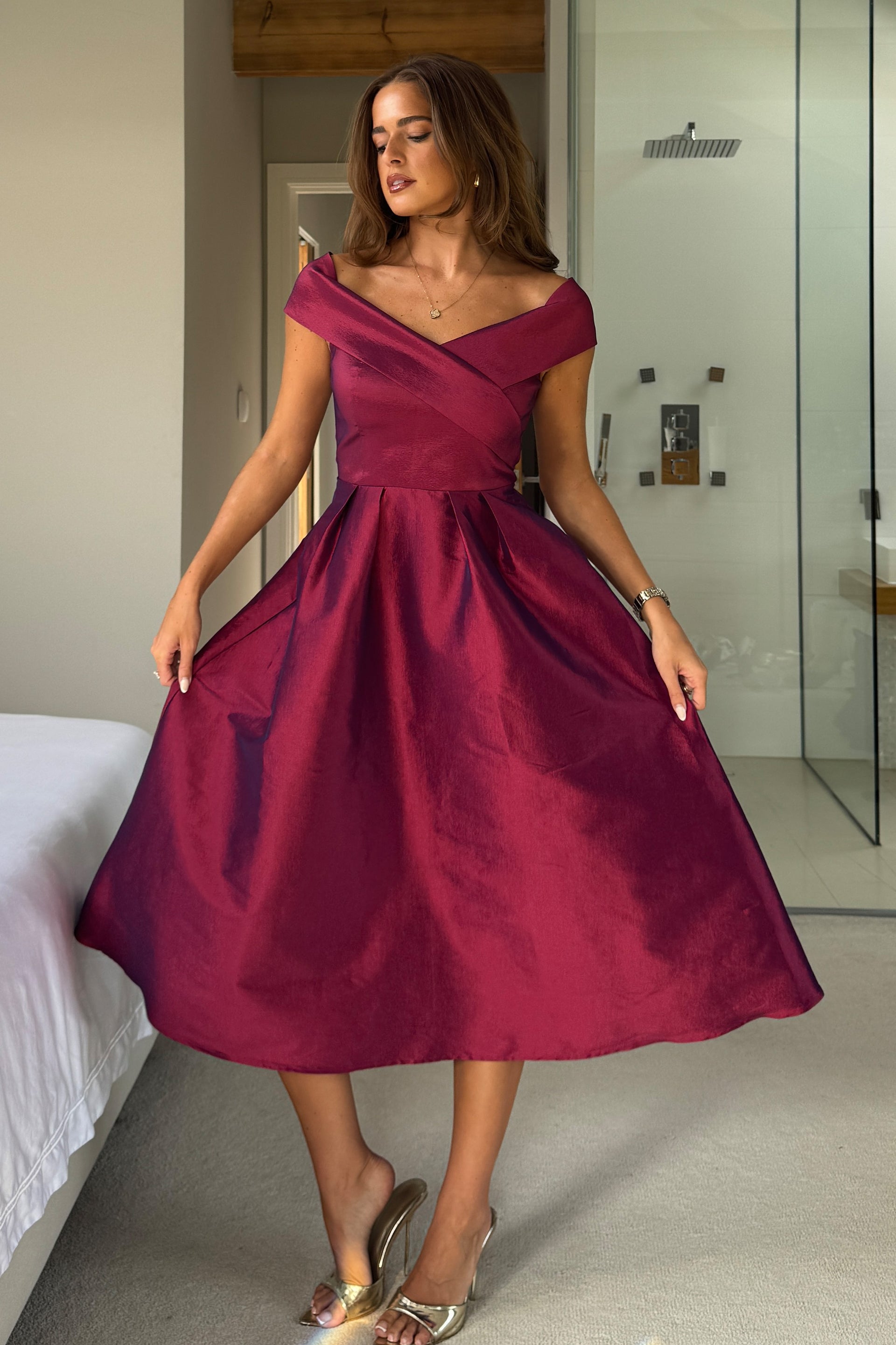 Daphne Off The Shoulder Skater Midi Dress Plum – Girl In Mind