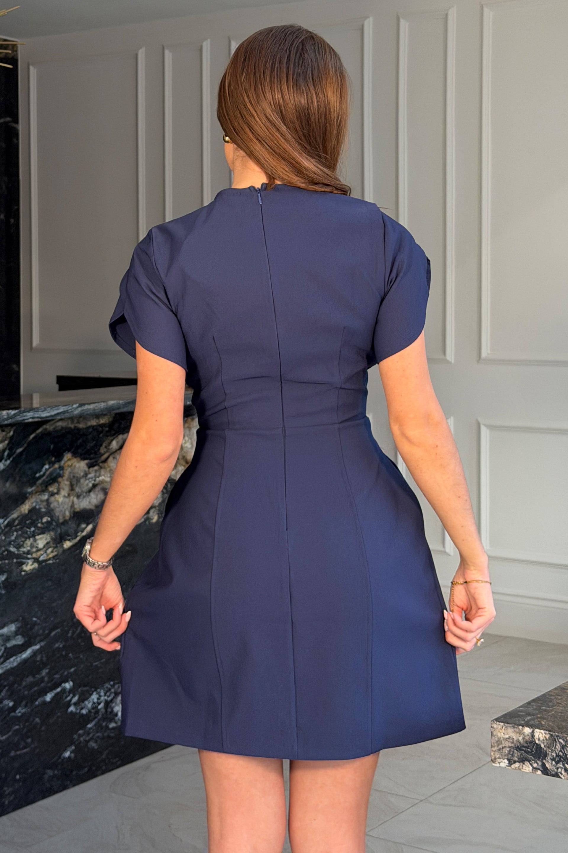 bridget mini dress Bridget Twist Font Split Arm Mini Dress Navy – Girl In Mind