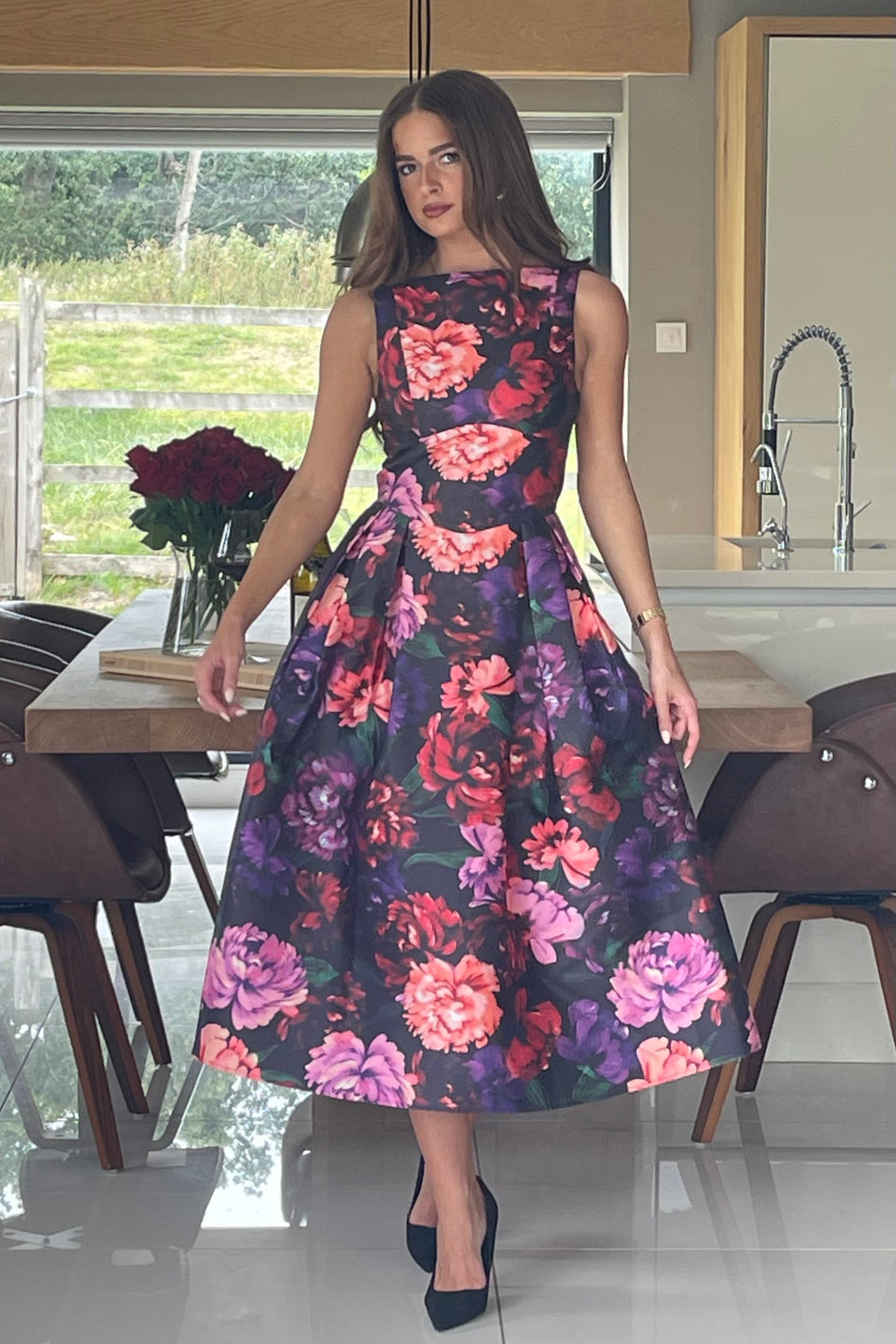 Nesta Boat Neck Skater Midi Dress Black Floral