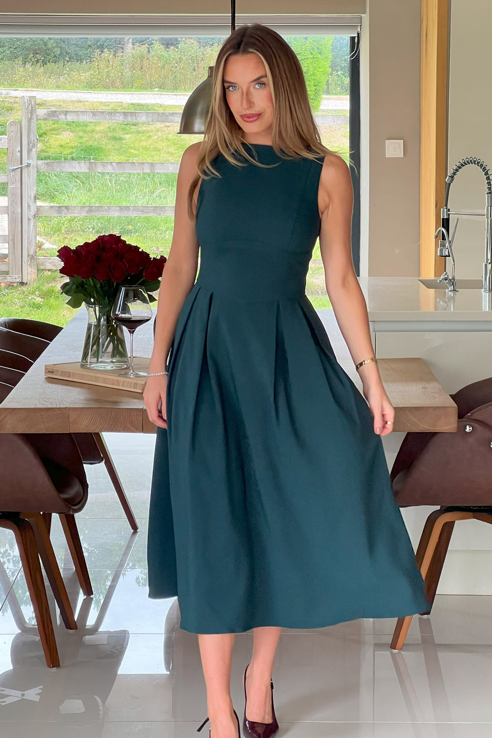 Nesta Boat Neck Skater Midi Dress Emerald Green
