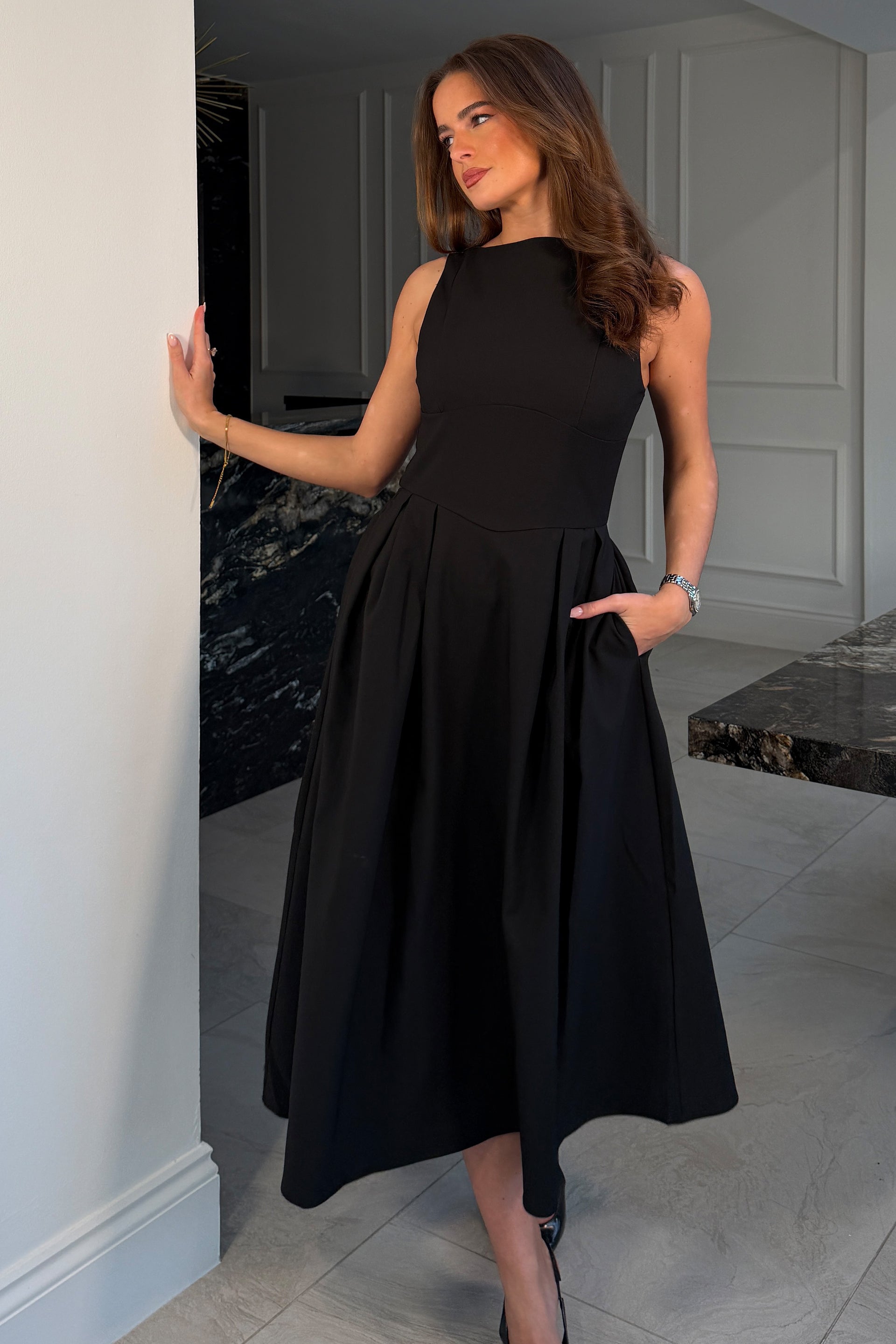 Nesta Boat Neck Skater Midi Dress Black