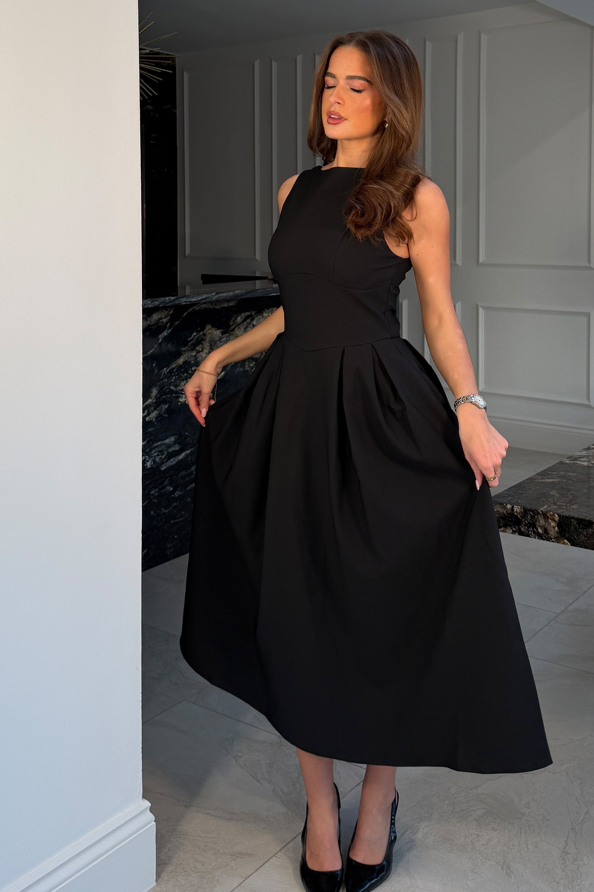 Nesta Boat Neck Skater Midi Dress Black