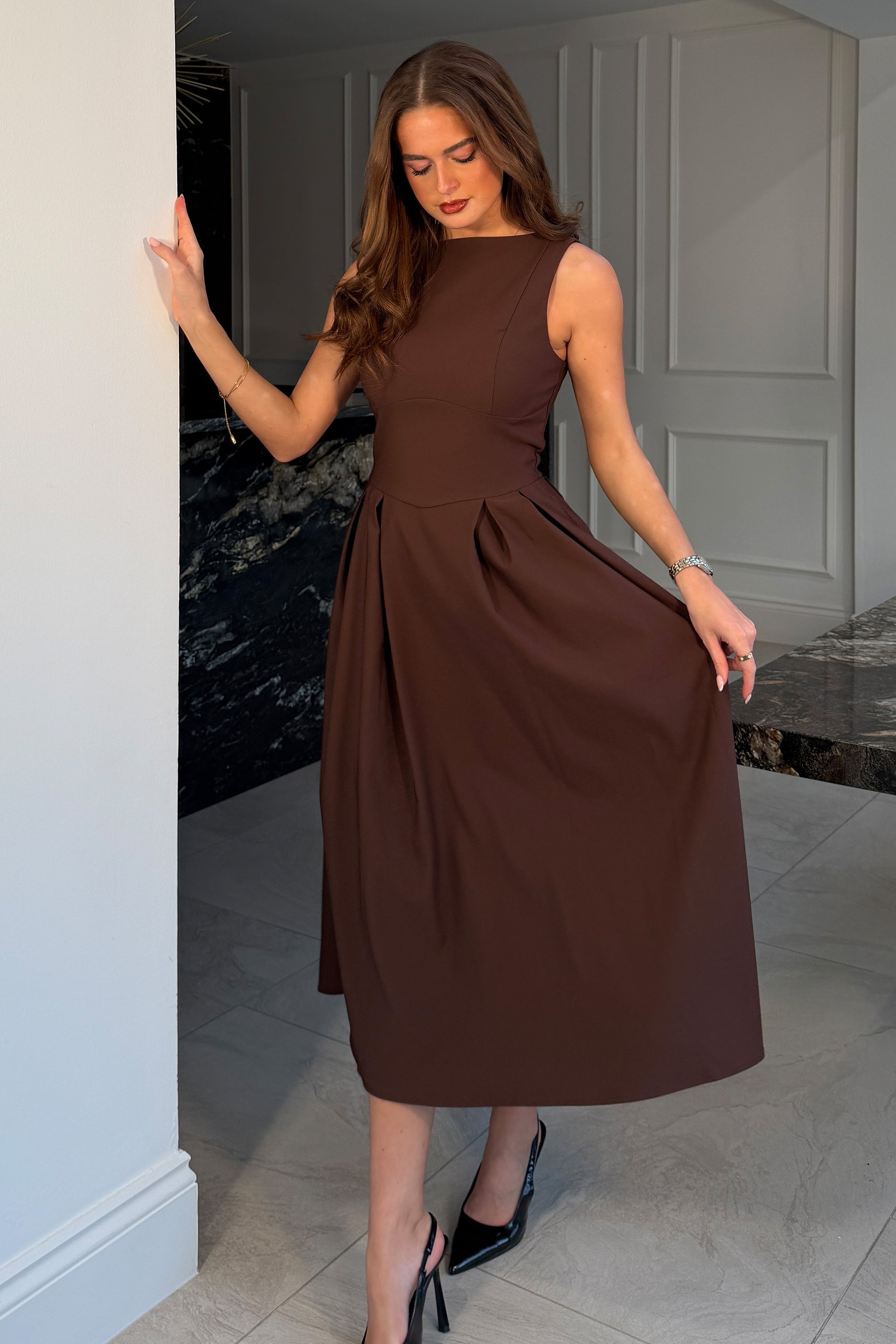princess polly baby blue dress Nesta Boat Neck Skater Midi Dress Brown – Girl In Mind