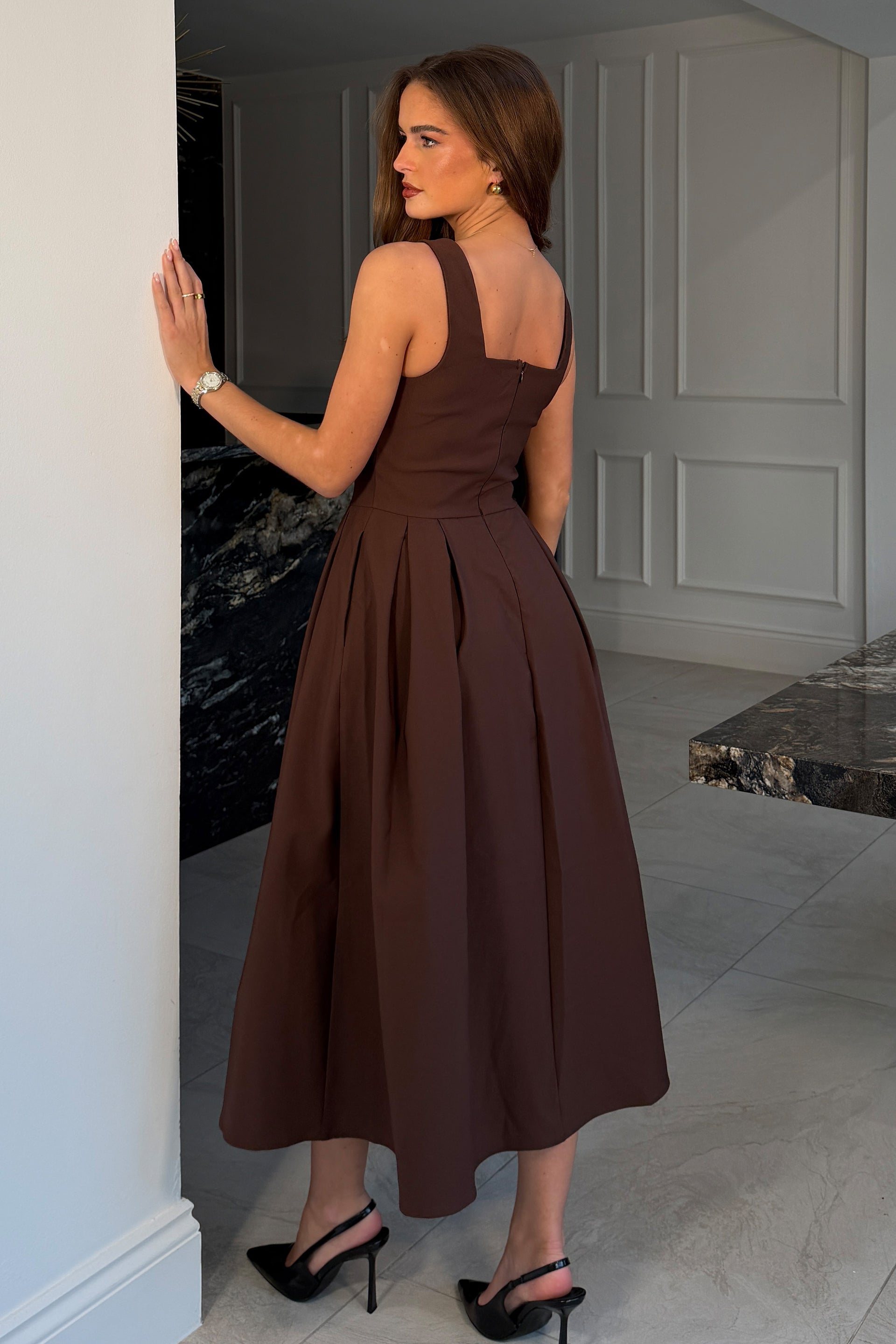 dark brown skater dress Long Sleeve Skater Mini Dress In Chocolate Brown Ribbed Knit | EGO US