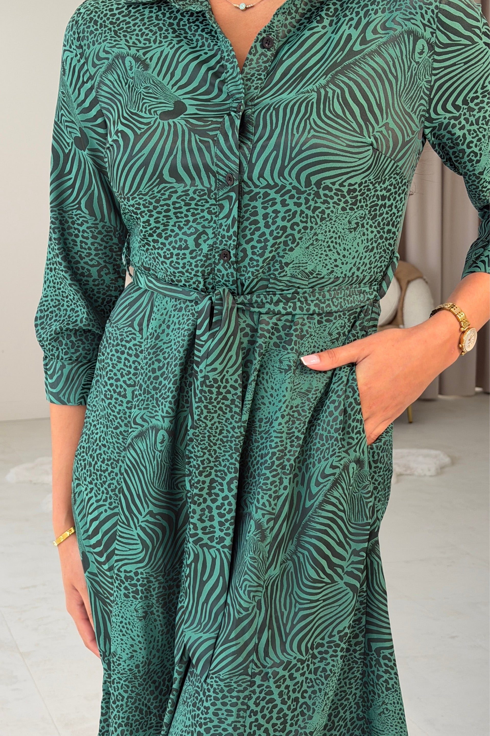 Angela Long Sleeve Maxi Shirt Dress Green Animal