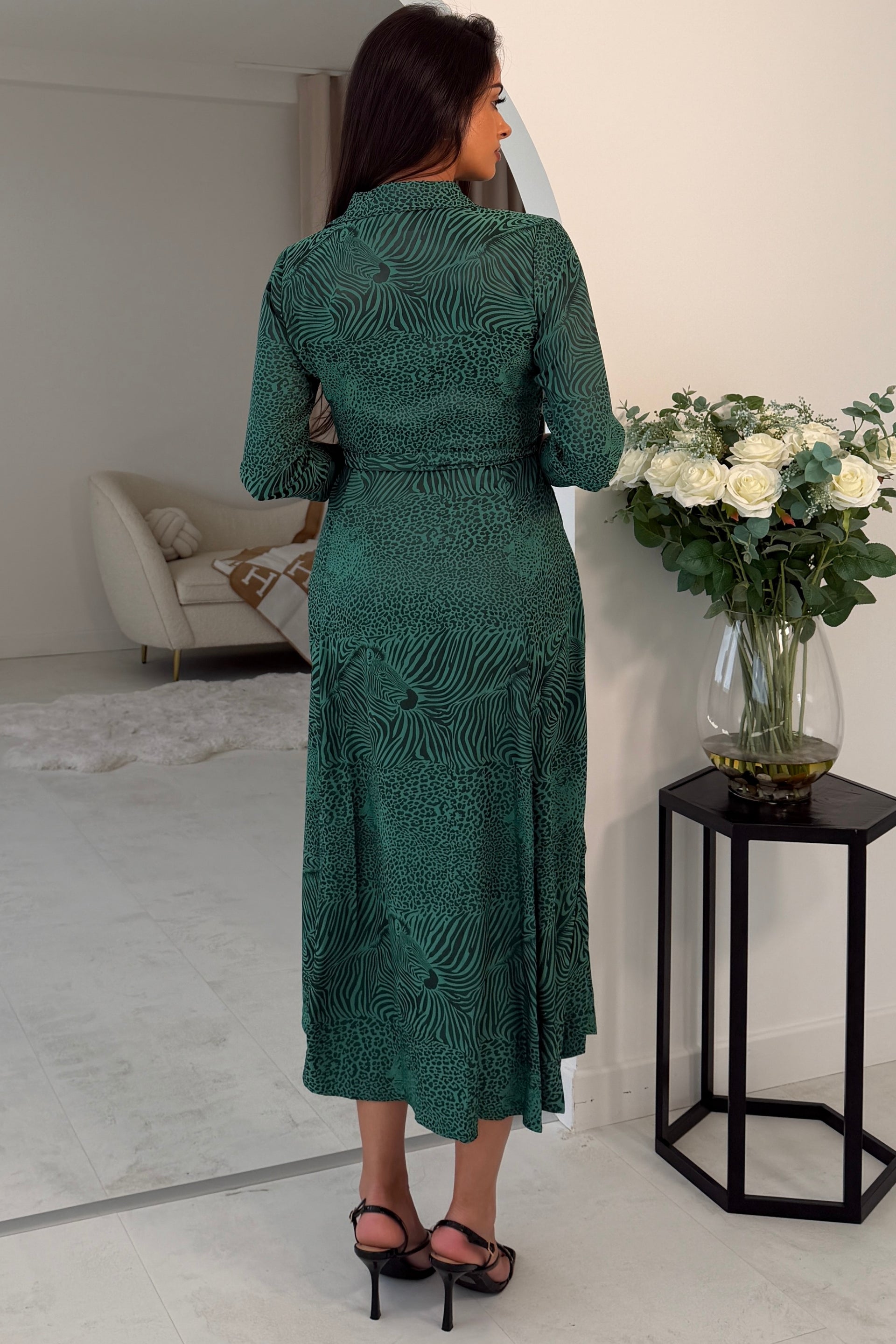 Angela Long Sleeve Maxi Shirt Dress Green Animal