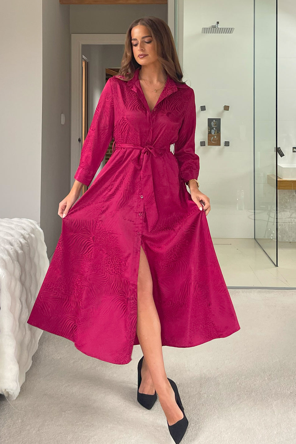 Angela Long Sleeve Maxi Shirt Dress Wine Animal