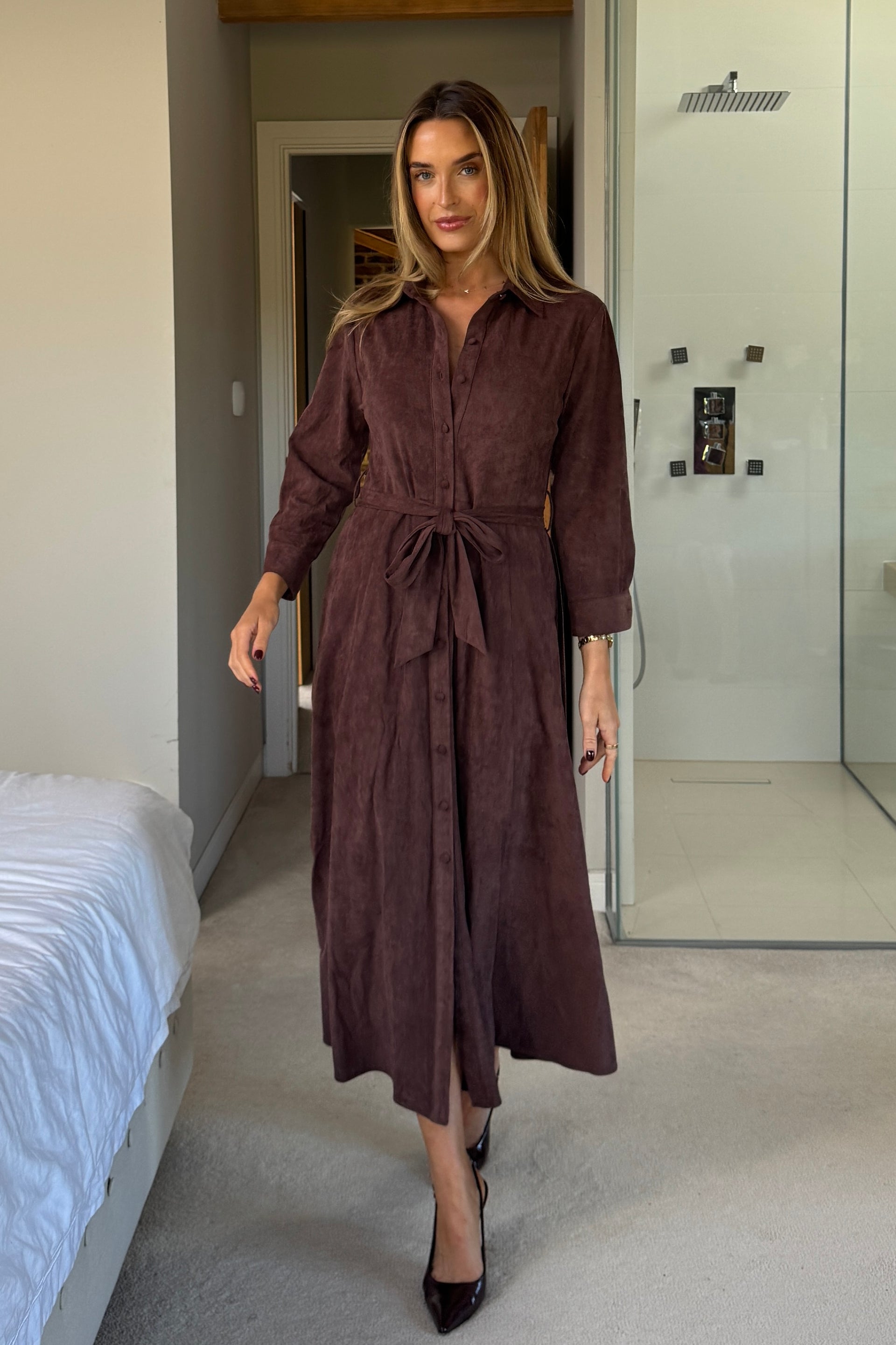 Angela Long Sleeve Maxi Shirt Dress Chocolate Suede Girl In Mind Angela Long Sleeve Maxi Shirt Dress Chocolate Suede Girl In Mind