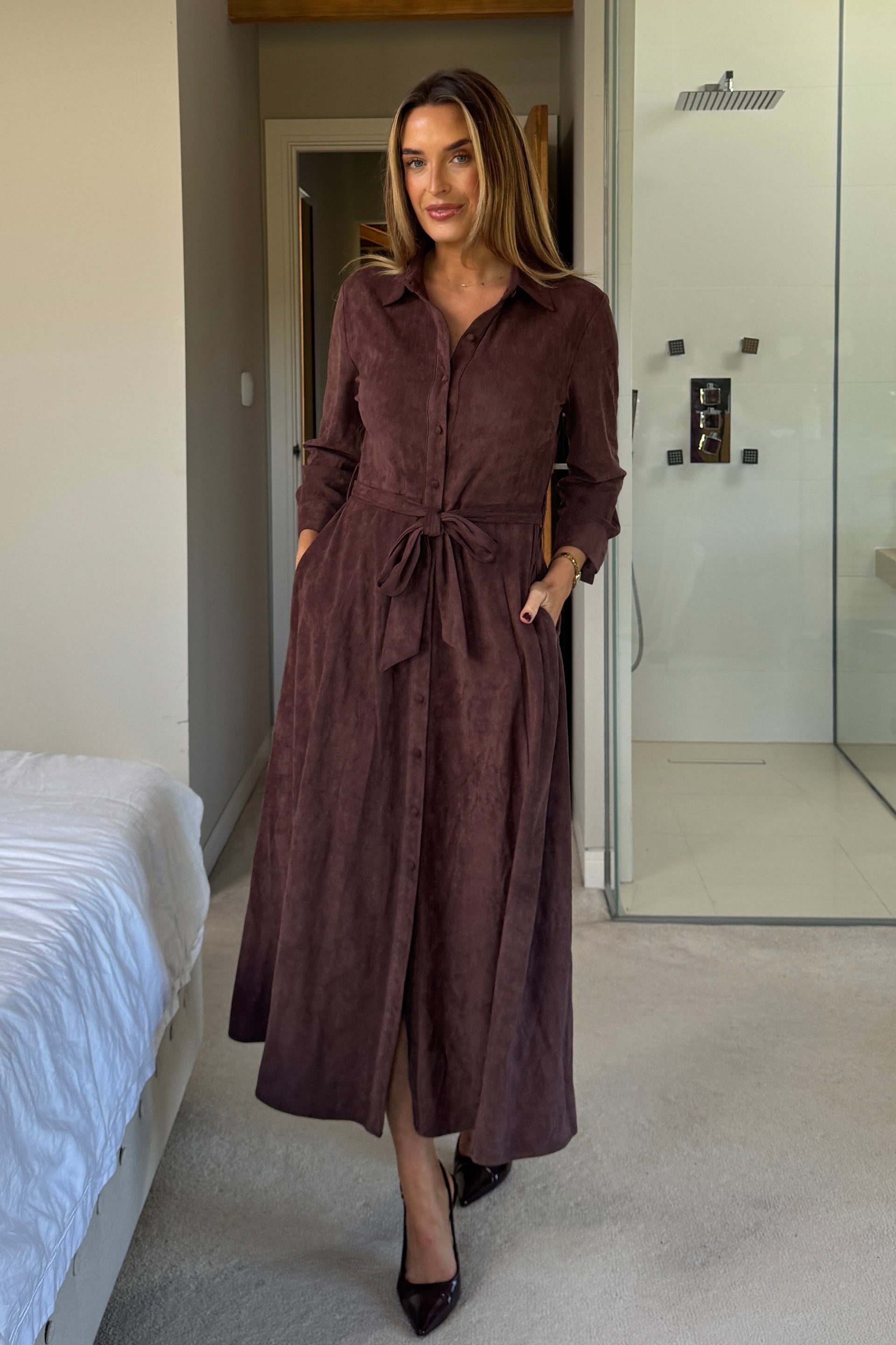 Angela Long Sleeve Maxi Shirt Dress Chocolate Suede Girl In Mind Angela Long Sleeve Maxi Shirt Dress Chocolate Suede Girl In Mind