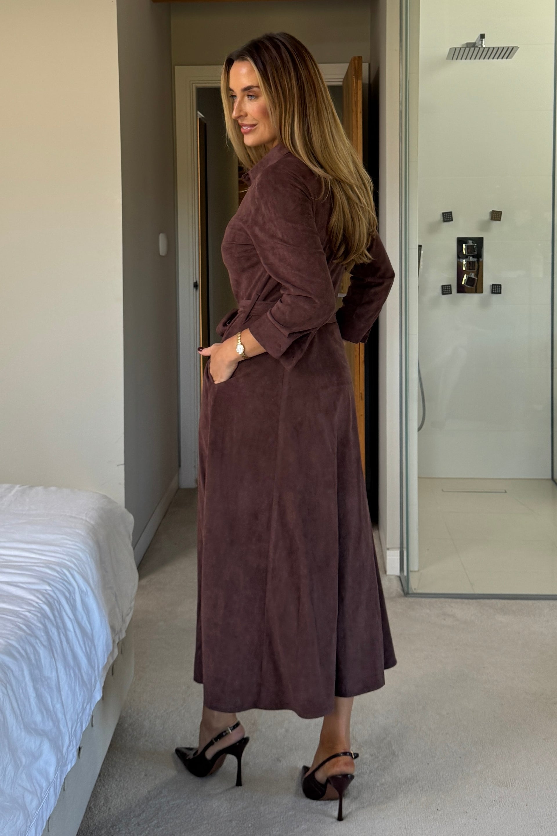 Angela Long Sleeve Maxi Shirt Dress Chocolate Suede Girl In Mind Angela Long Sleeve Maxi Shirt Dress Chocolate Suede Girl In Mind