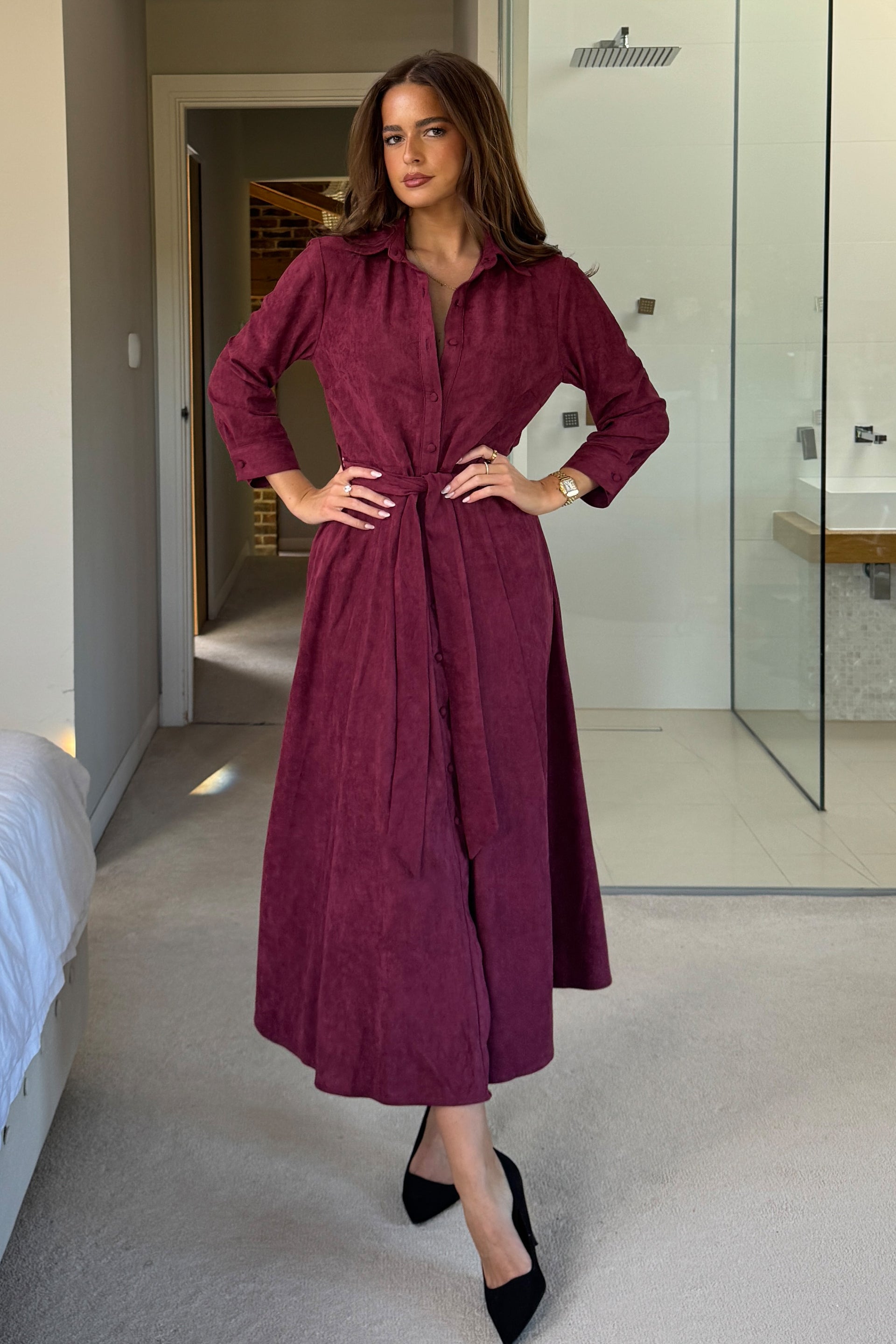 Angela Long Sleeve Maxi Shirt Dress Berry Suede