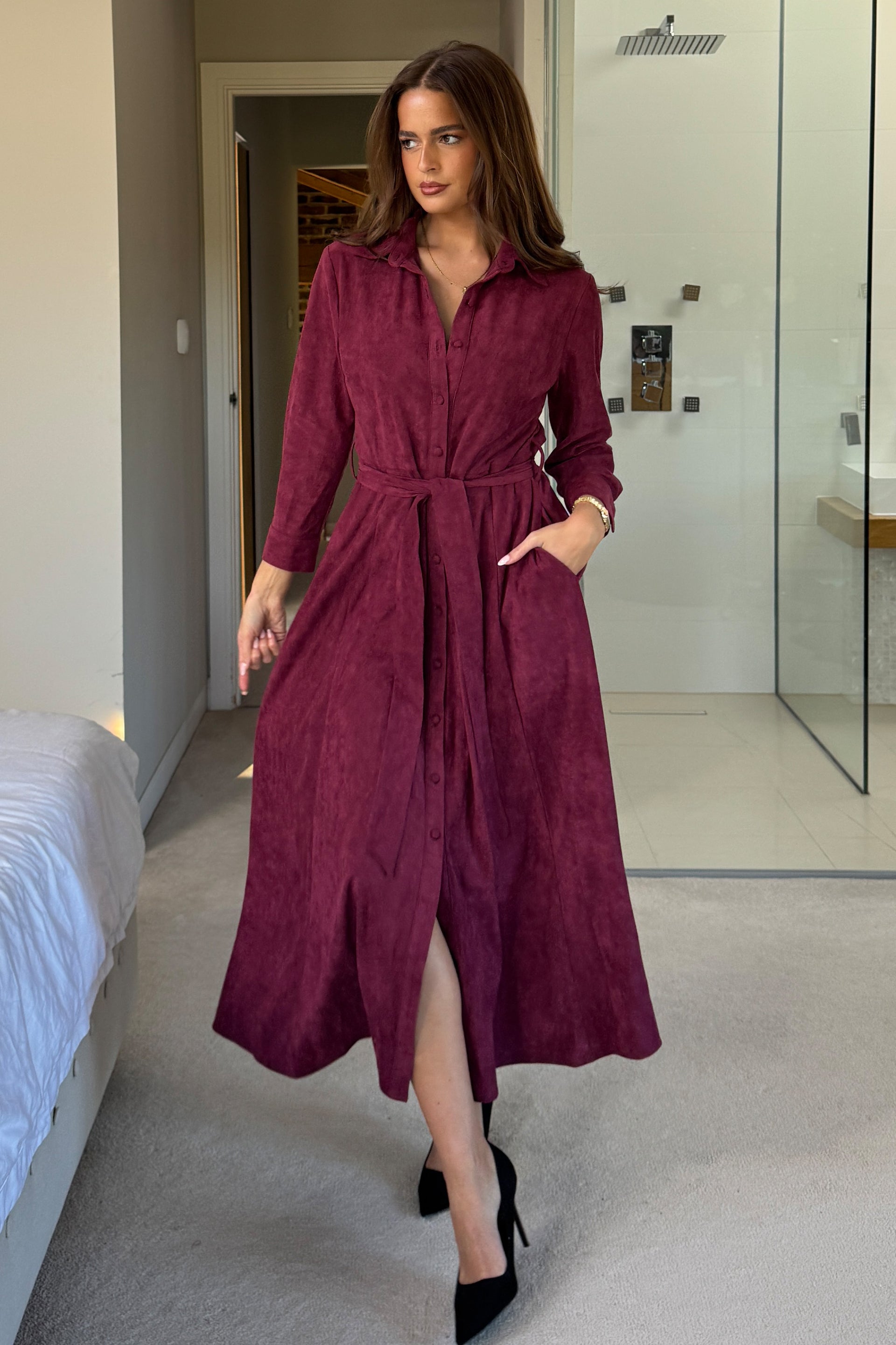 Angela Long Sleeve Maxi Shirt Dress Berry Suede