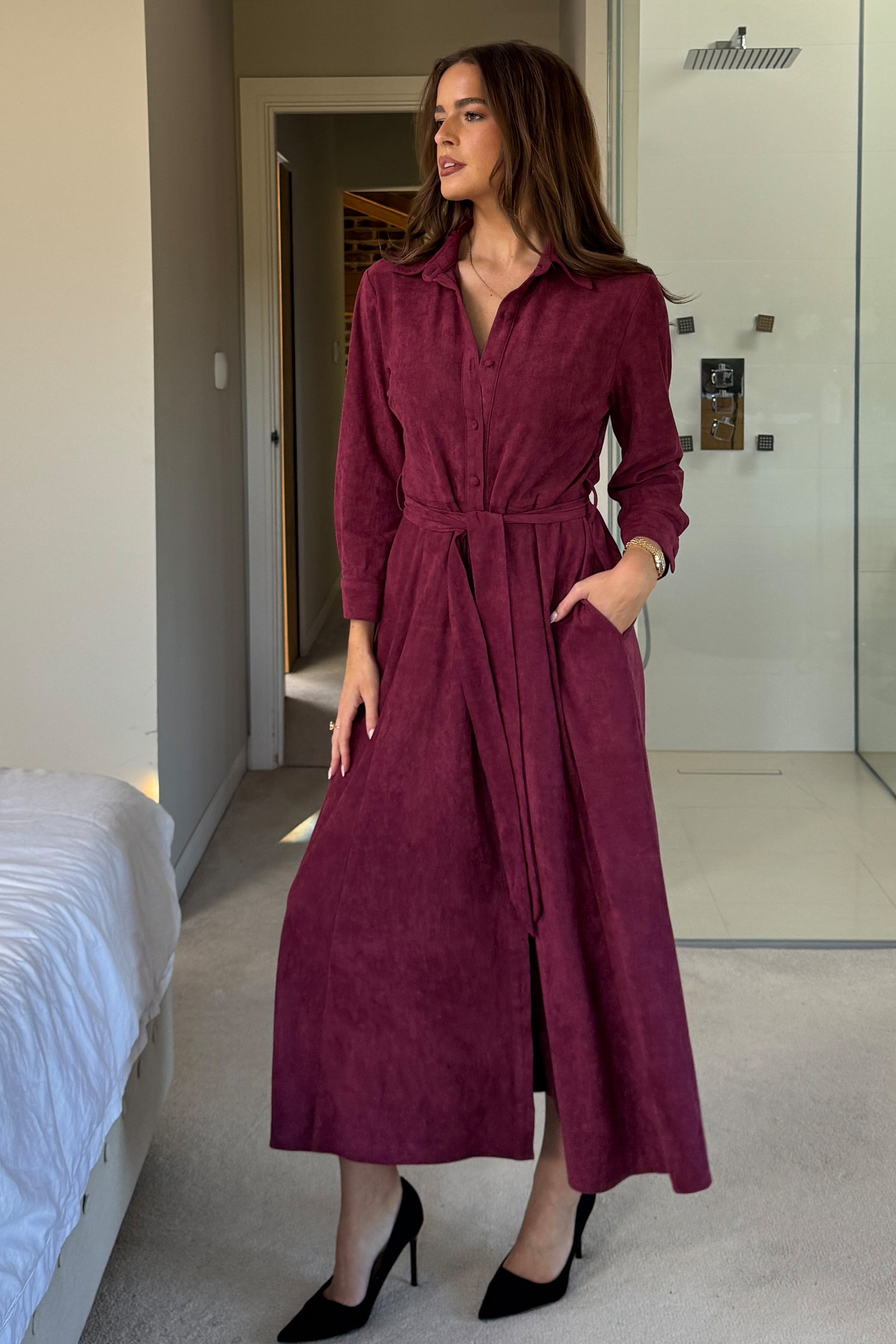 Angela Long Sleeve Maxi Shirt Dress Berry Suede