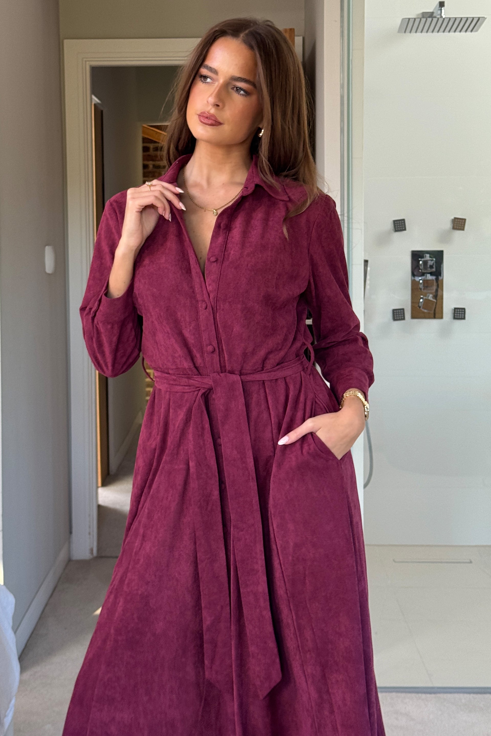 Angela Long Sleeve Maxi Shirt Dress Berry Suede