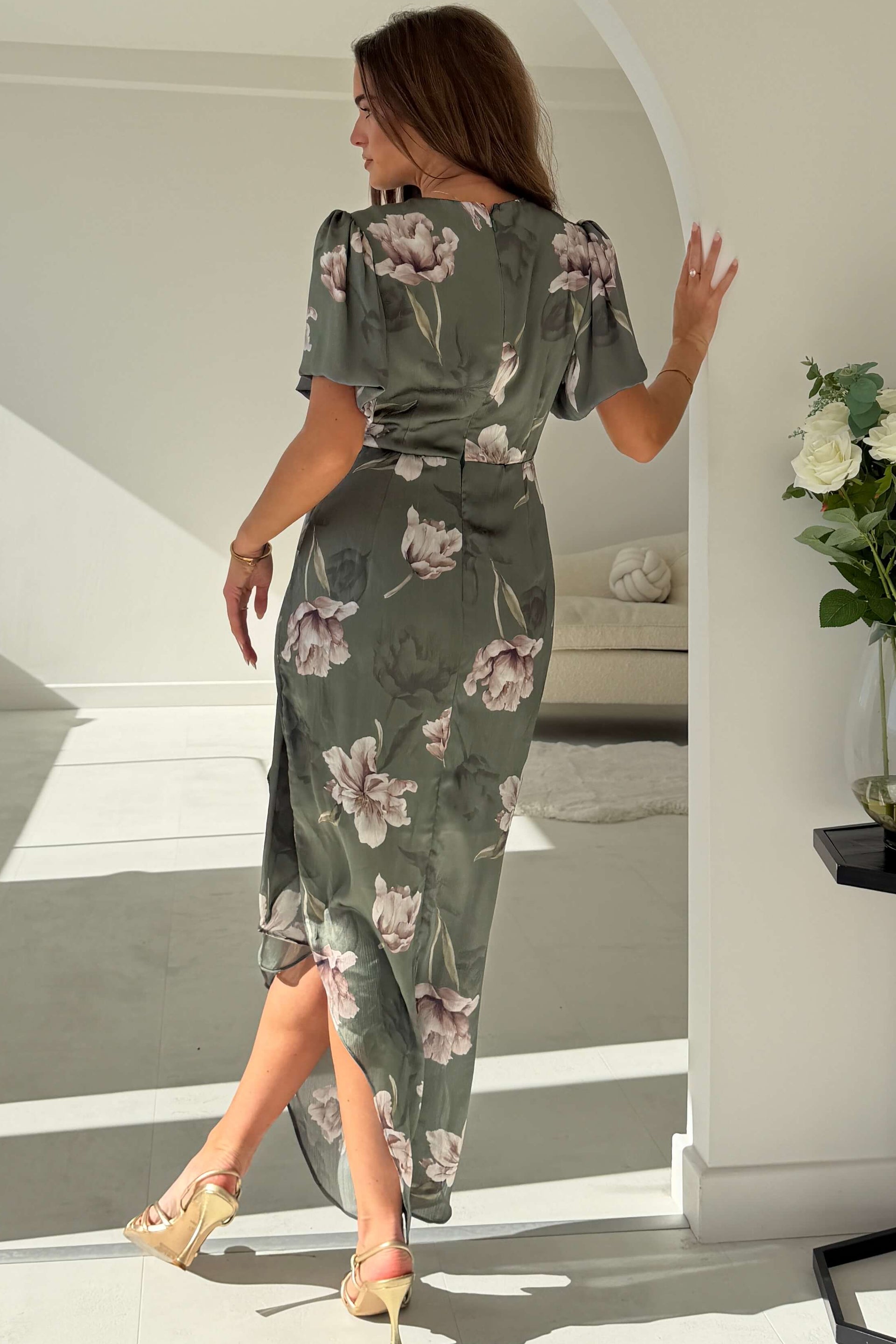 Drew Puff Sleeve Wrap Front Midi Dress Floral Print Green