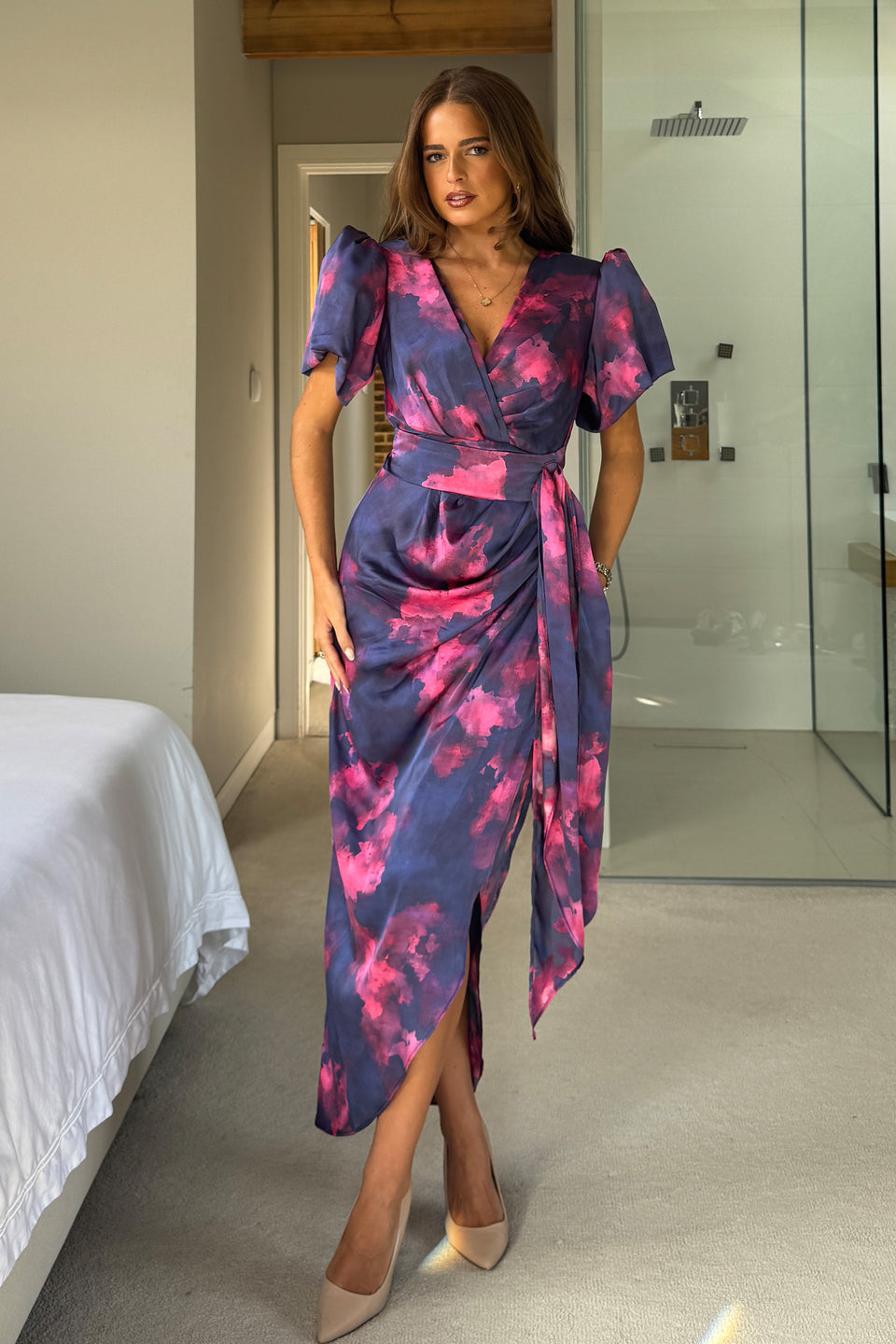 Drew Puff Sleeve Wrap Front Midi Dress Blue Marble *NEW FIT*