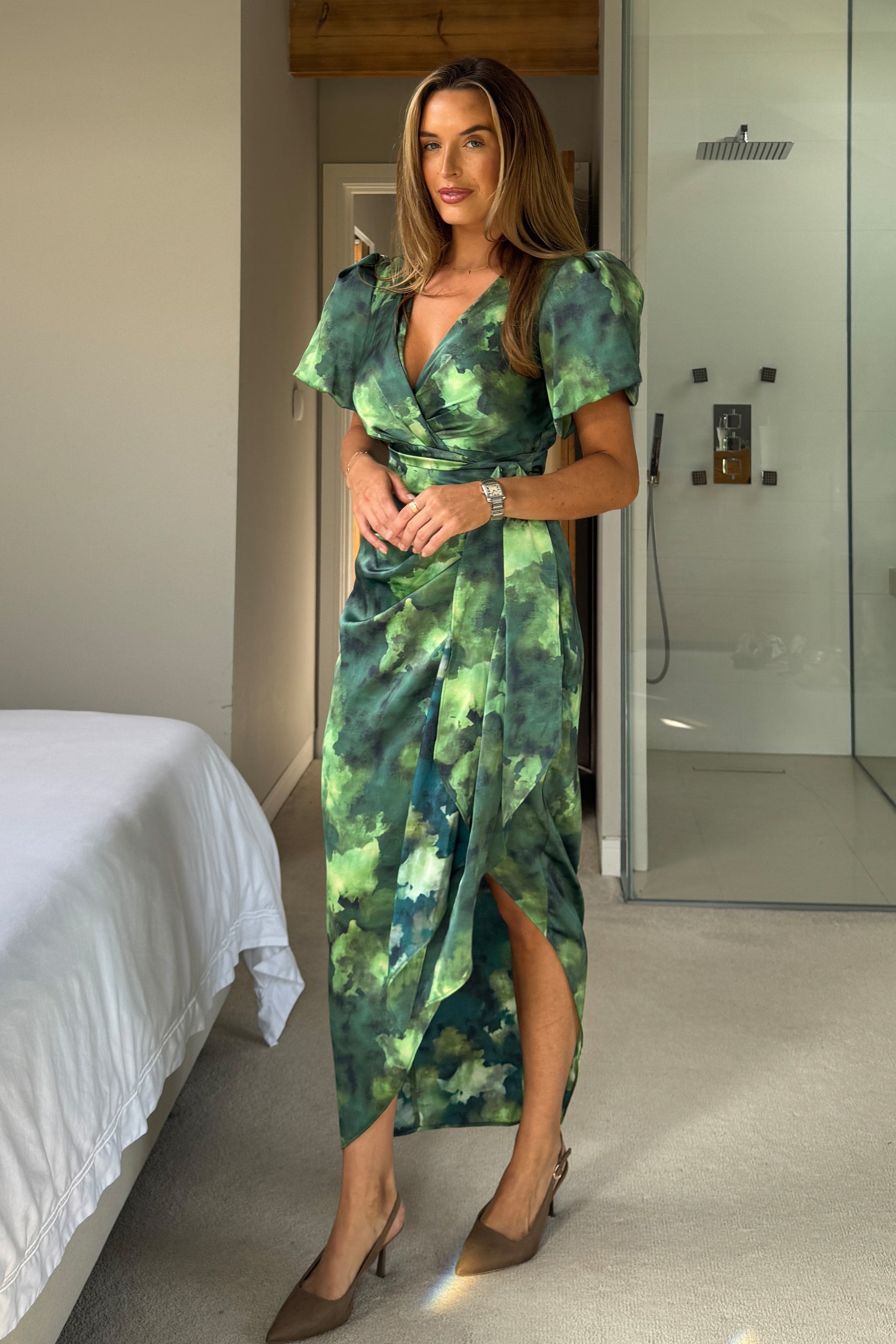 Drew Puff Sleeve Wrap Front Midi Dress Green Marble *NEW FIT* Girl In Mind Drew Puff Sleeve Wrap Front Midi Dress Green Marble *NEW FIT* Girl In Mind