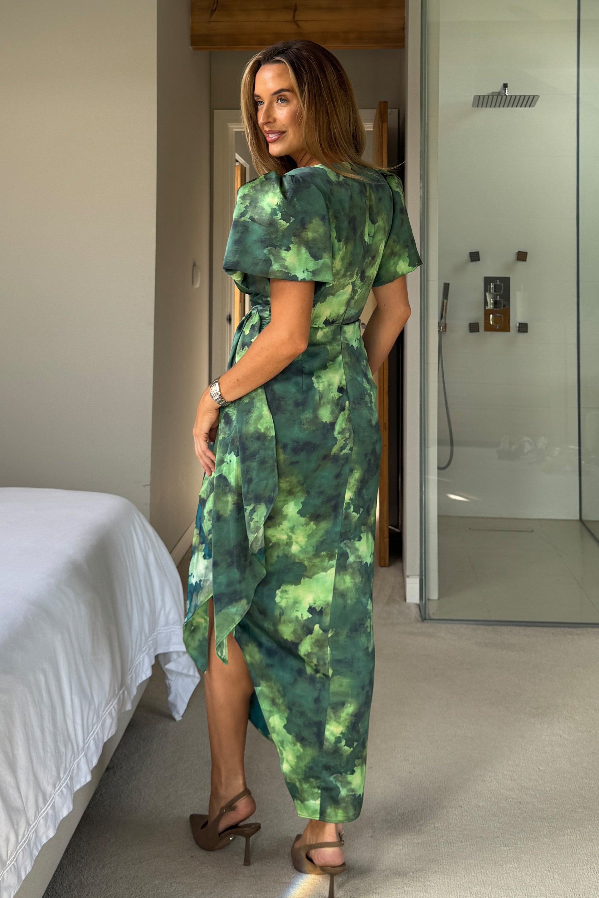 marble green dress Green And Cream Marble Print Strap Detail Asymmetric Cut Out Midi Dress 8