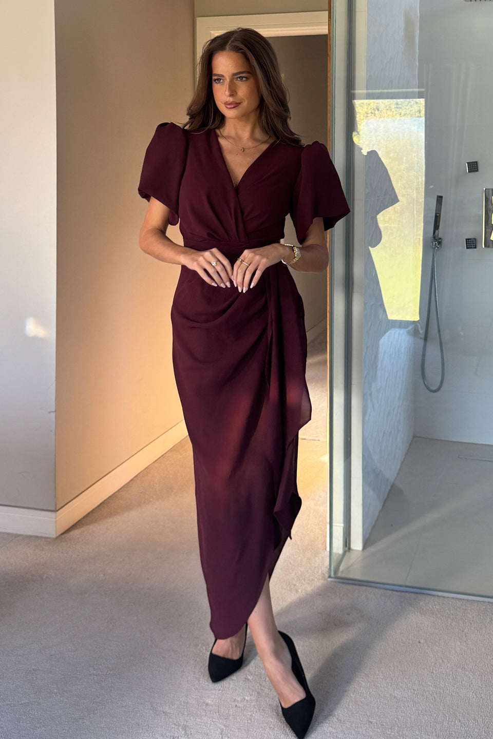 Drew Puff Sleeve Wrap Front Midi Dress Plum