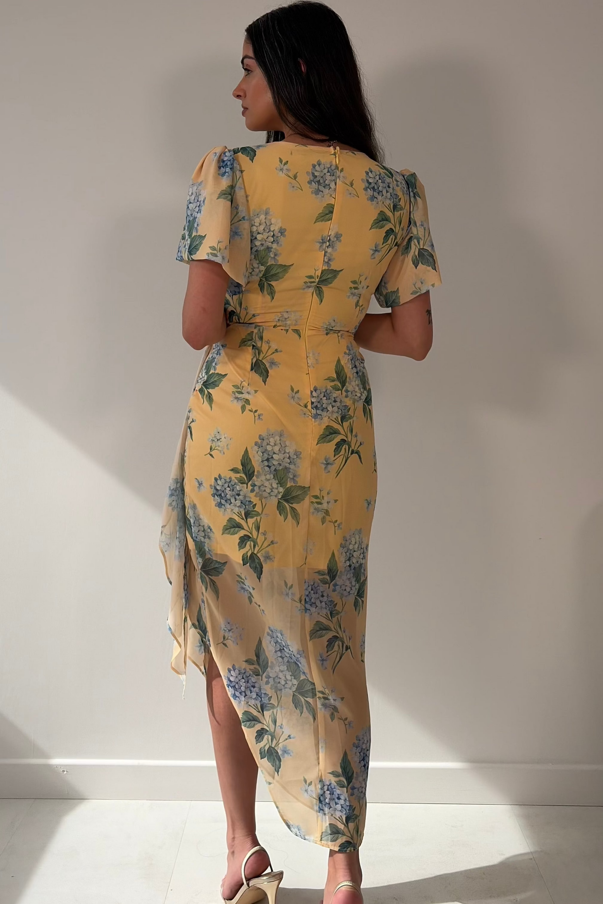 Drew Puff Sleeve Wrap Front Midi Dress Floral Print Yellow