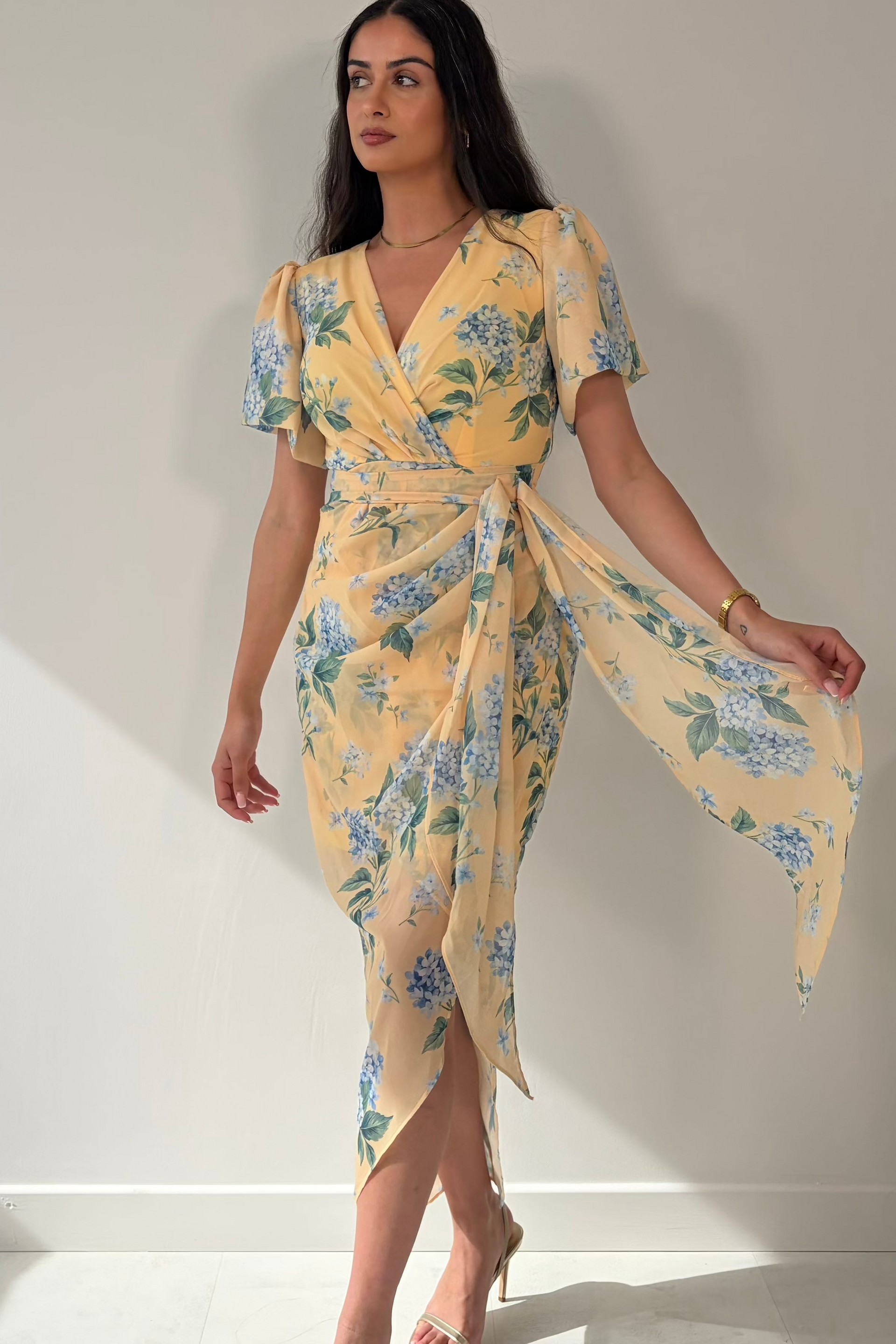 Drew Puff Sleeve Wrap Front Midi Dress Floral Print Yellow