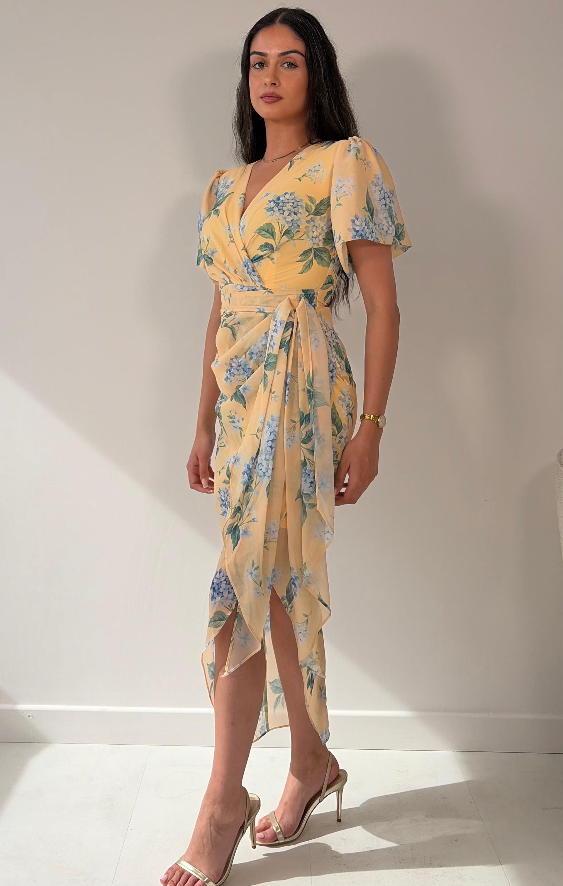 Drew Puff Sleeve Wrap Front Midi Dress Floral Print Yellow