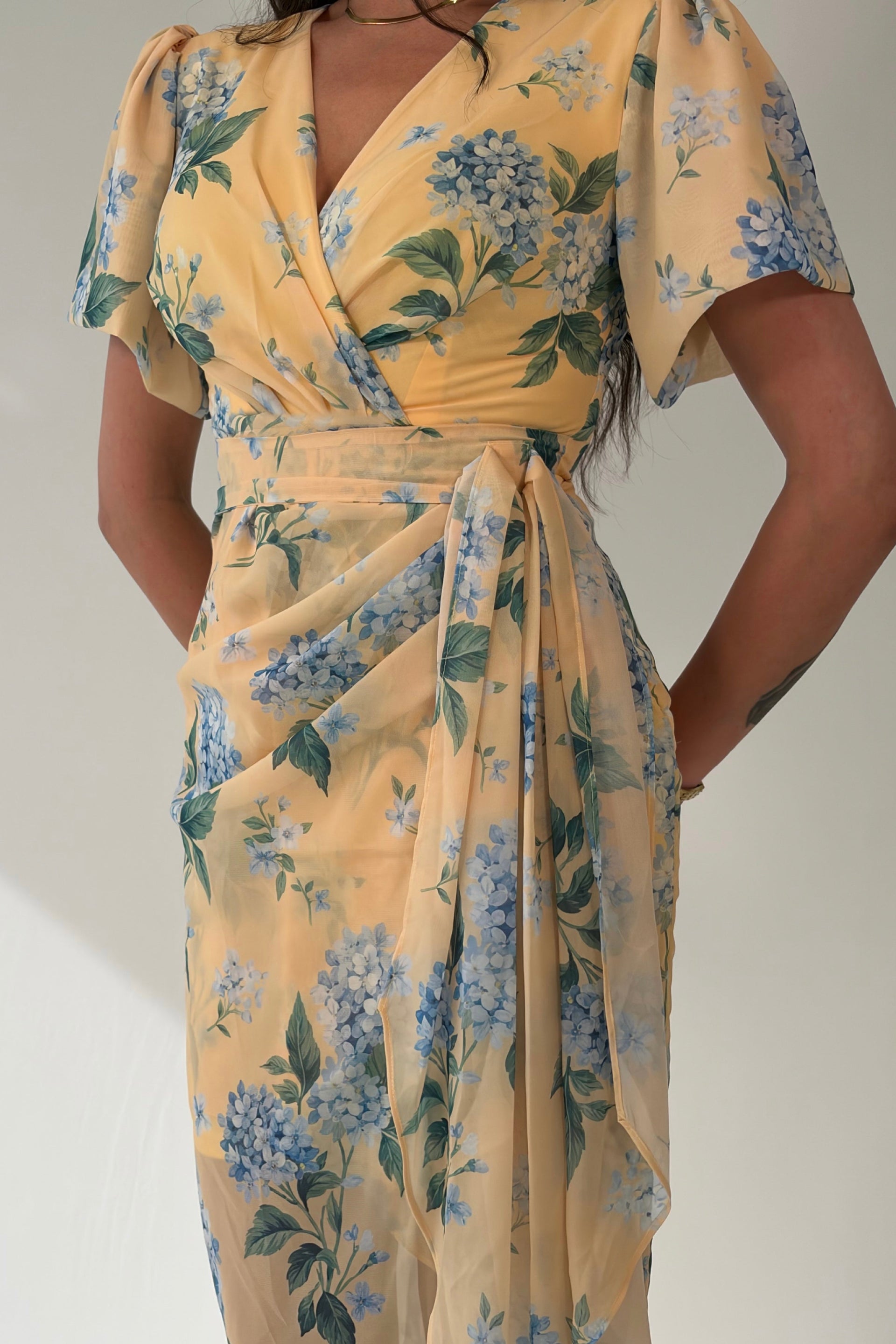 Drew Puff Sleeve Wrap Front Midi Dress Floral Print Yellow