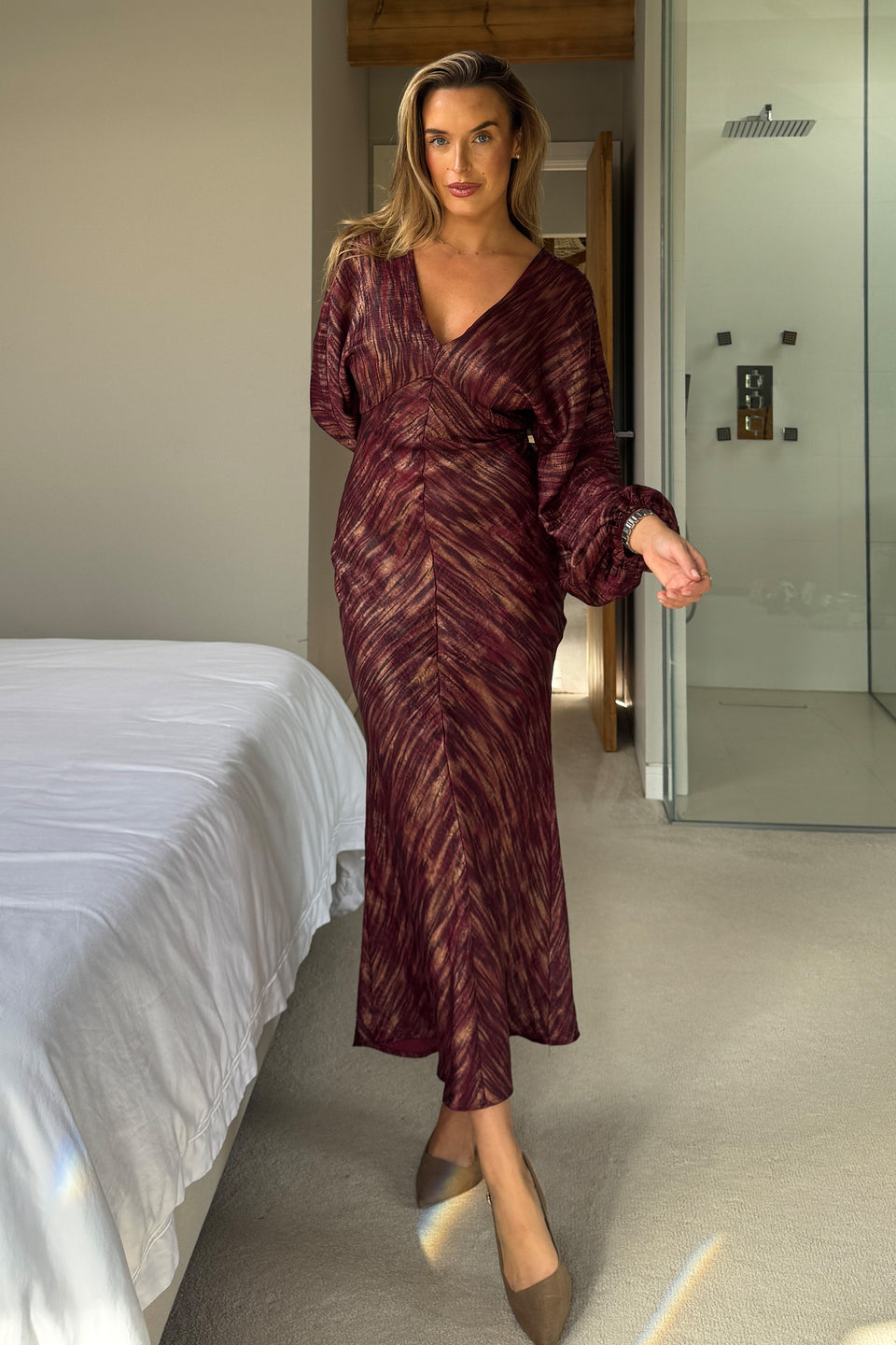 London V Neck Long Sleeve Maxi Dress Berry And Gold Stripe