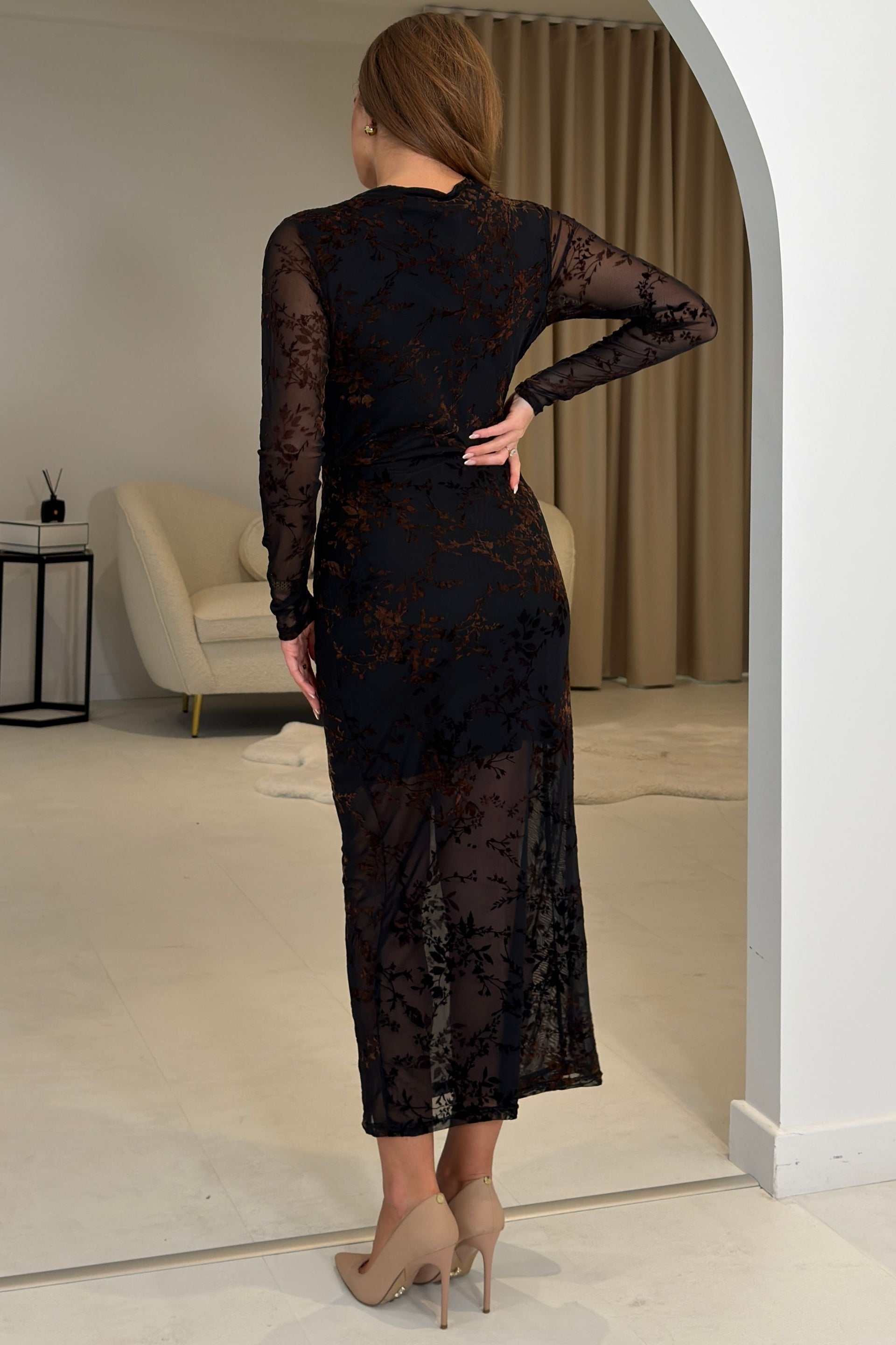 Remington Flocked Floral Cowl Neck Midi Dress Black