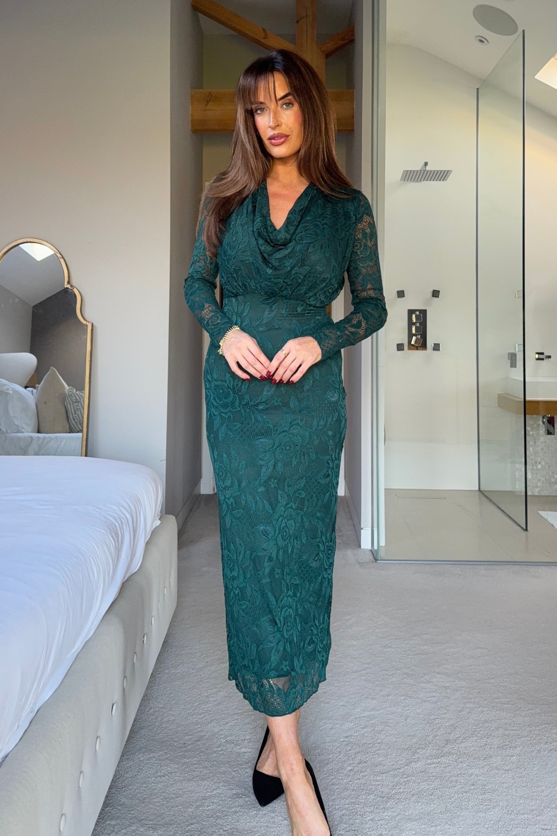 Remington Lace Cowl Neck Midi Dress Green