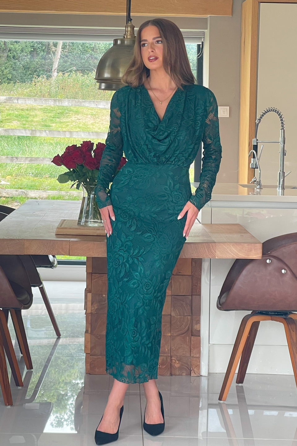 Remington Lace Cowl Neck Midi Dress Green