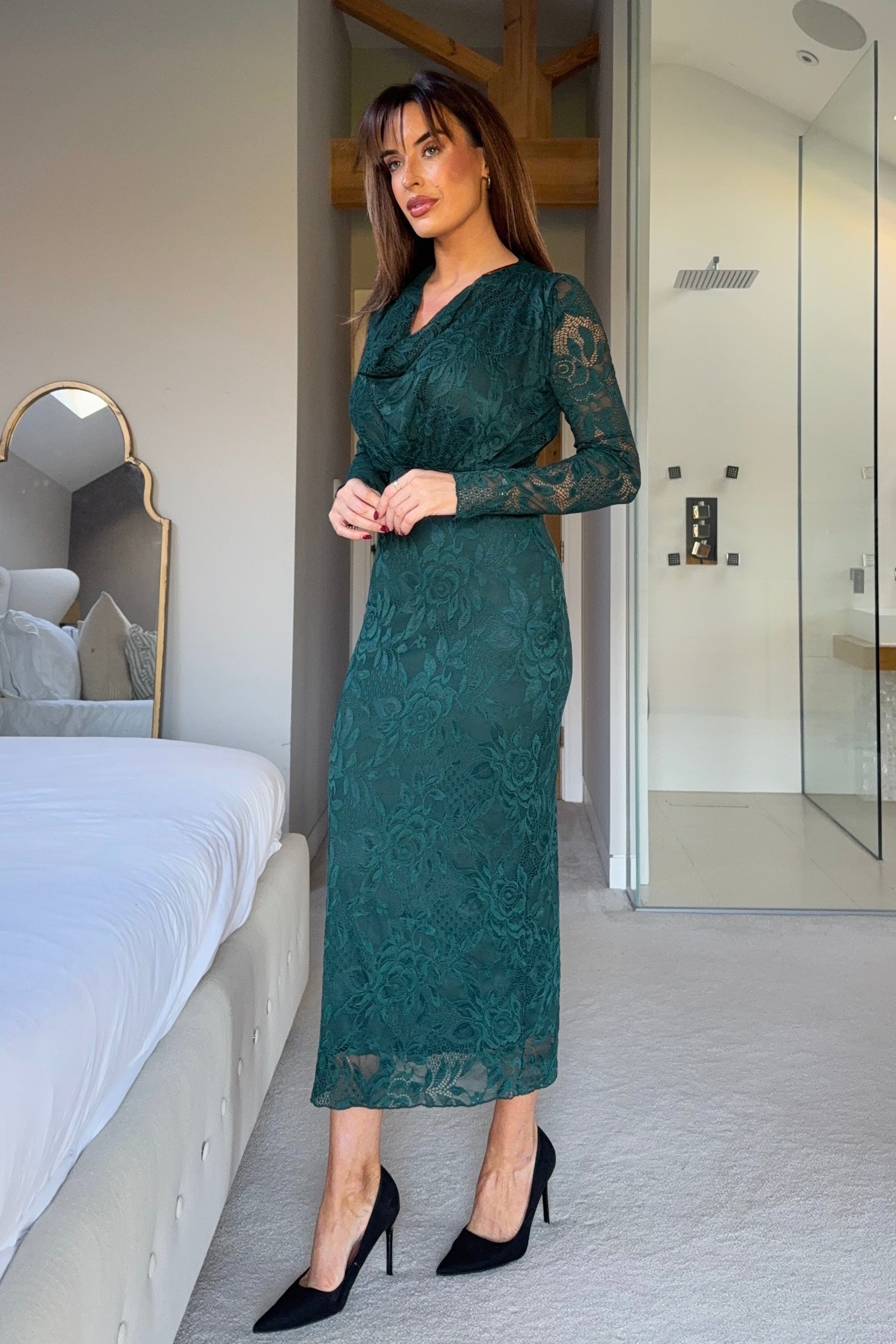 Remington Lace Cowl Neck Midi Dress Green