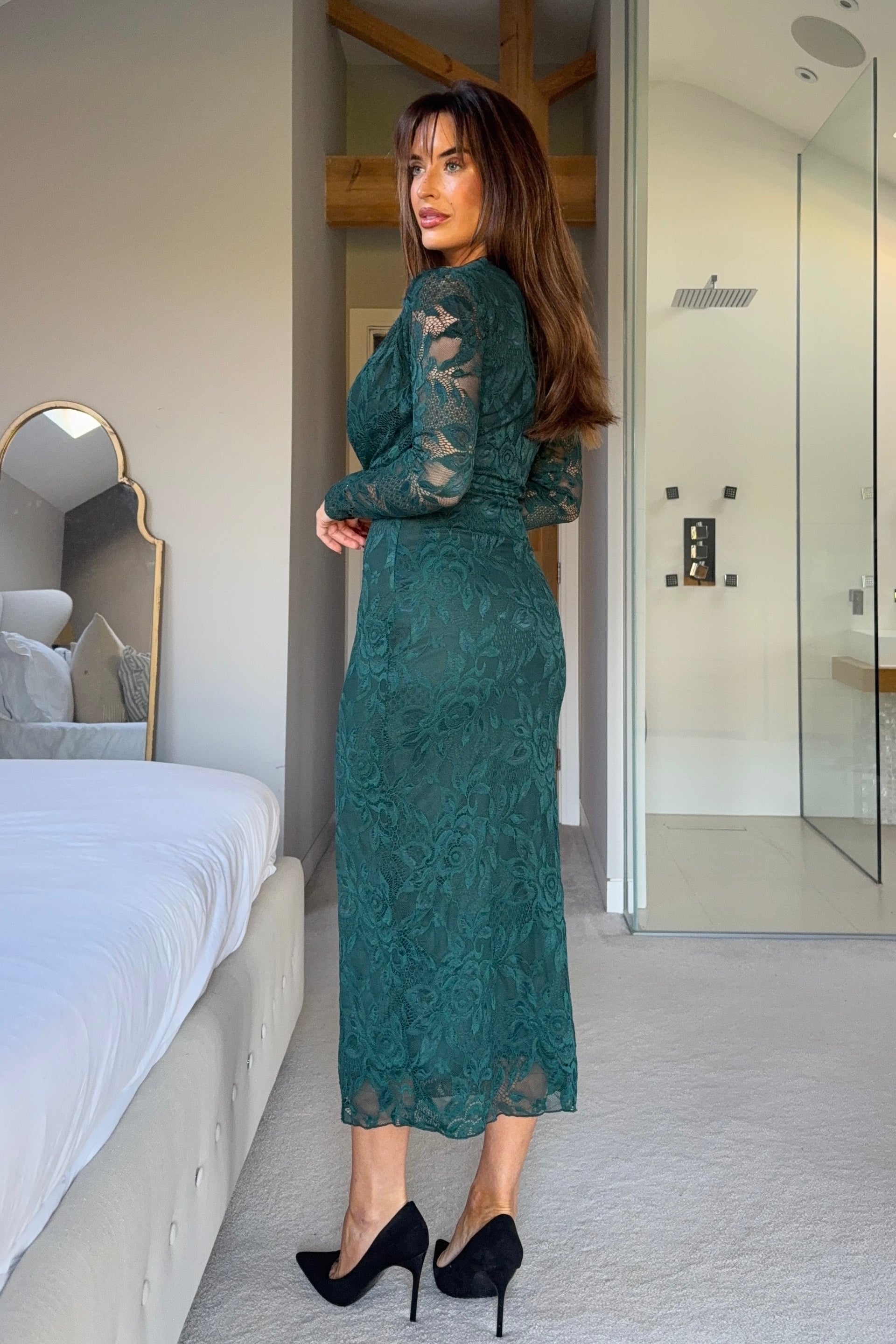 Remington Lace Cowl Neck Midi Dress Green