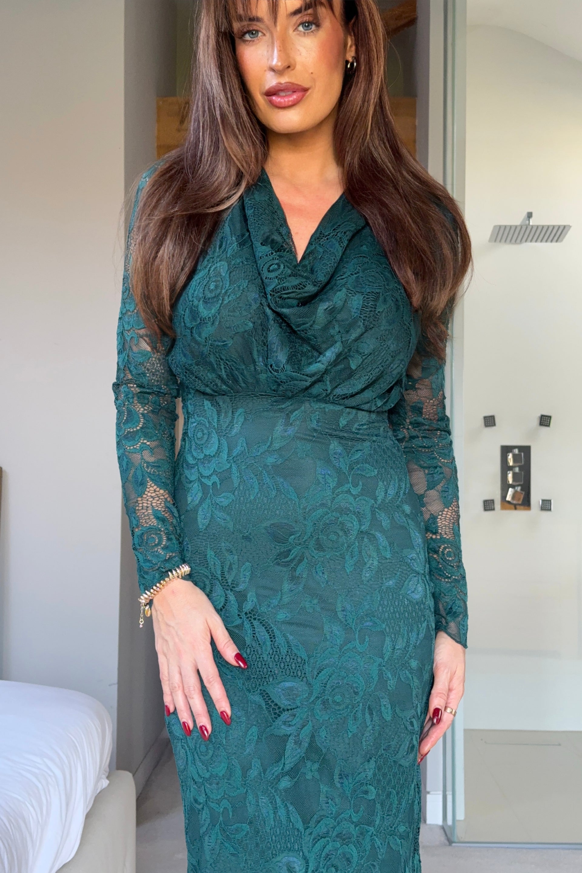 Remington Lace Cowl Neck Midi Dress Green