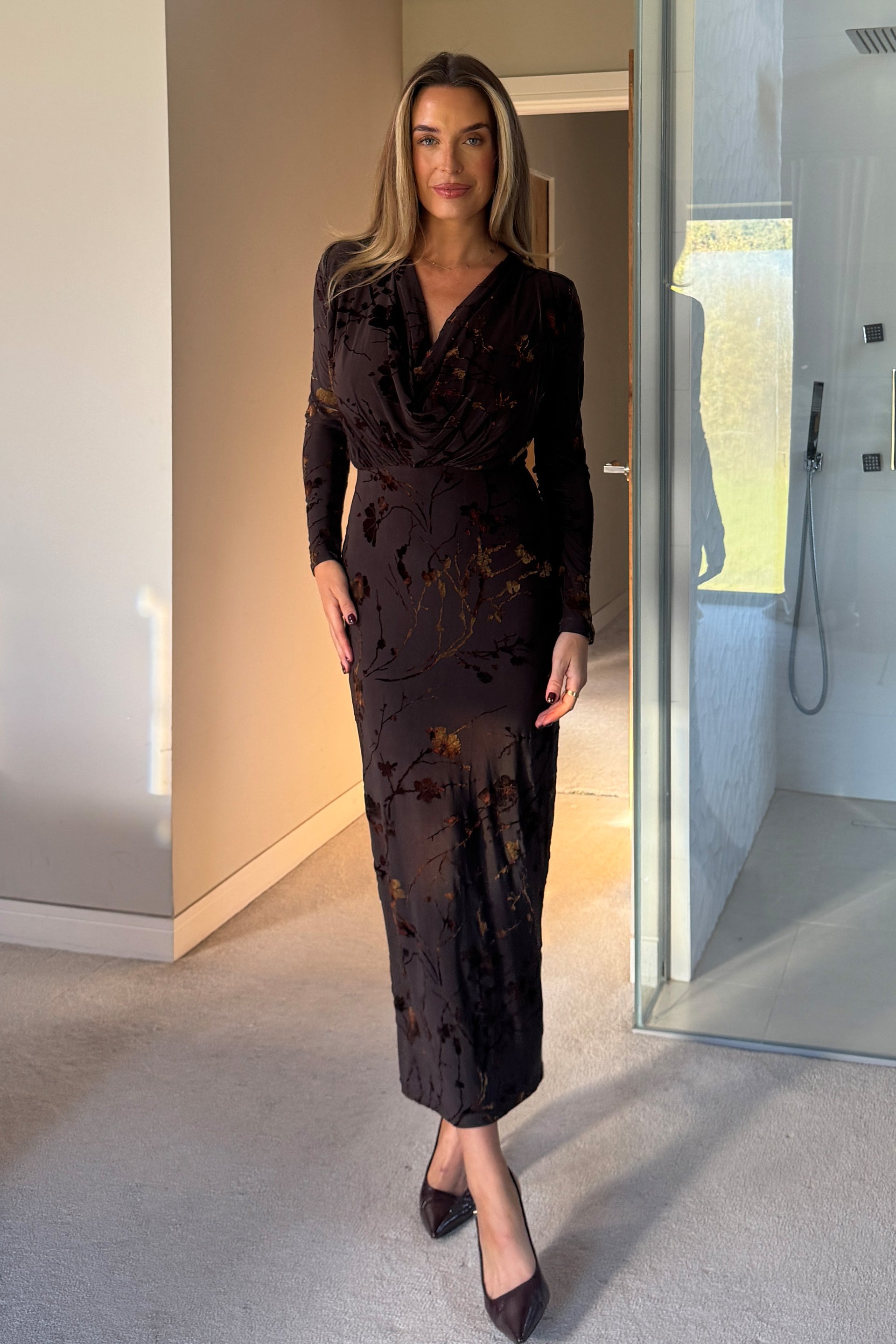 Remington Flocked Floral Cowl Neck Midi Dress Brown