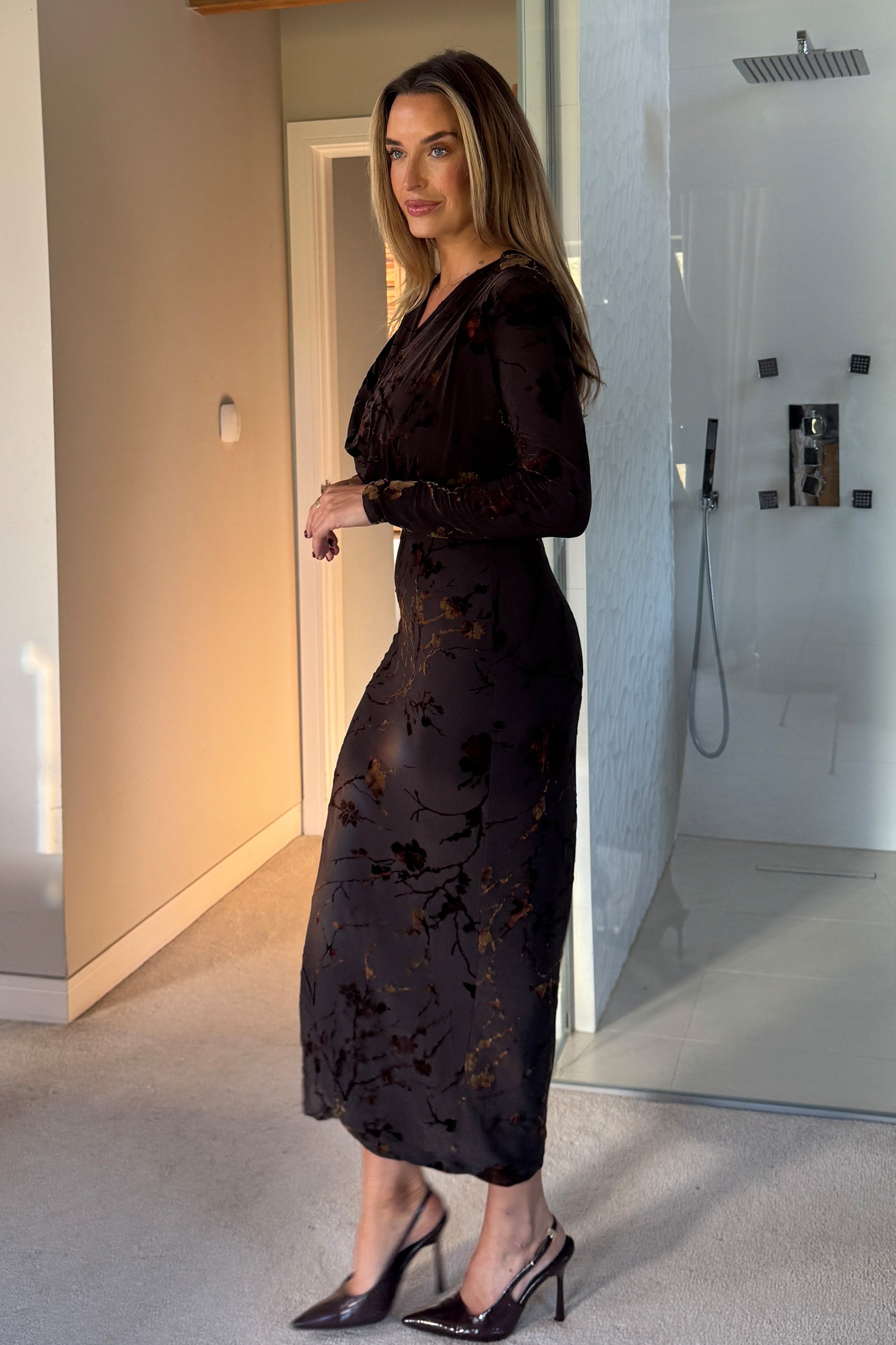 Remington Flocked Floral Cowl Neck Midi Dress Brown