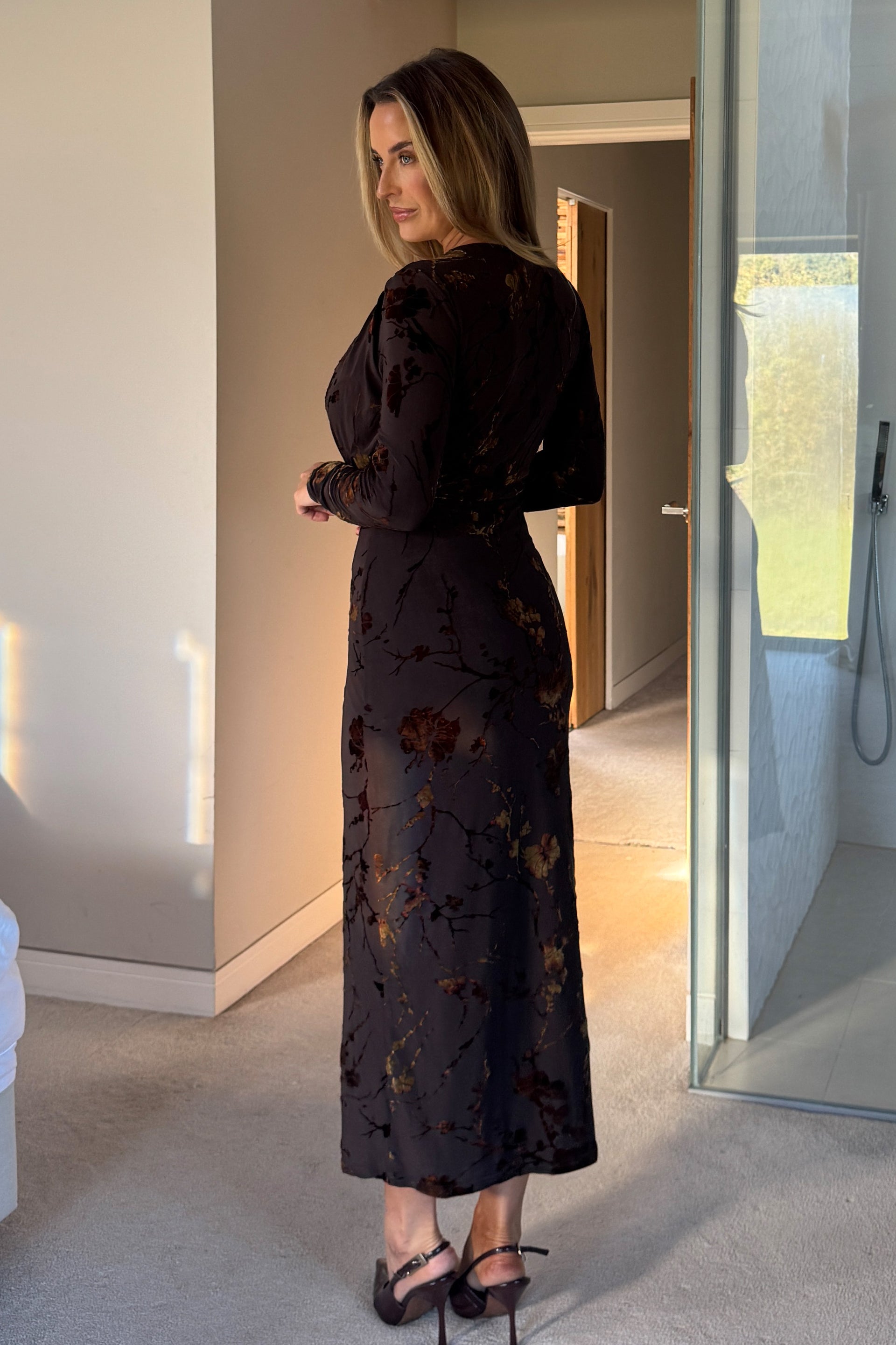 Remington Flocked Floral Cowl Neck Midi Dress Brown