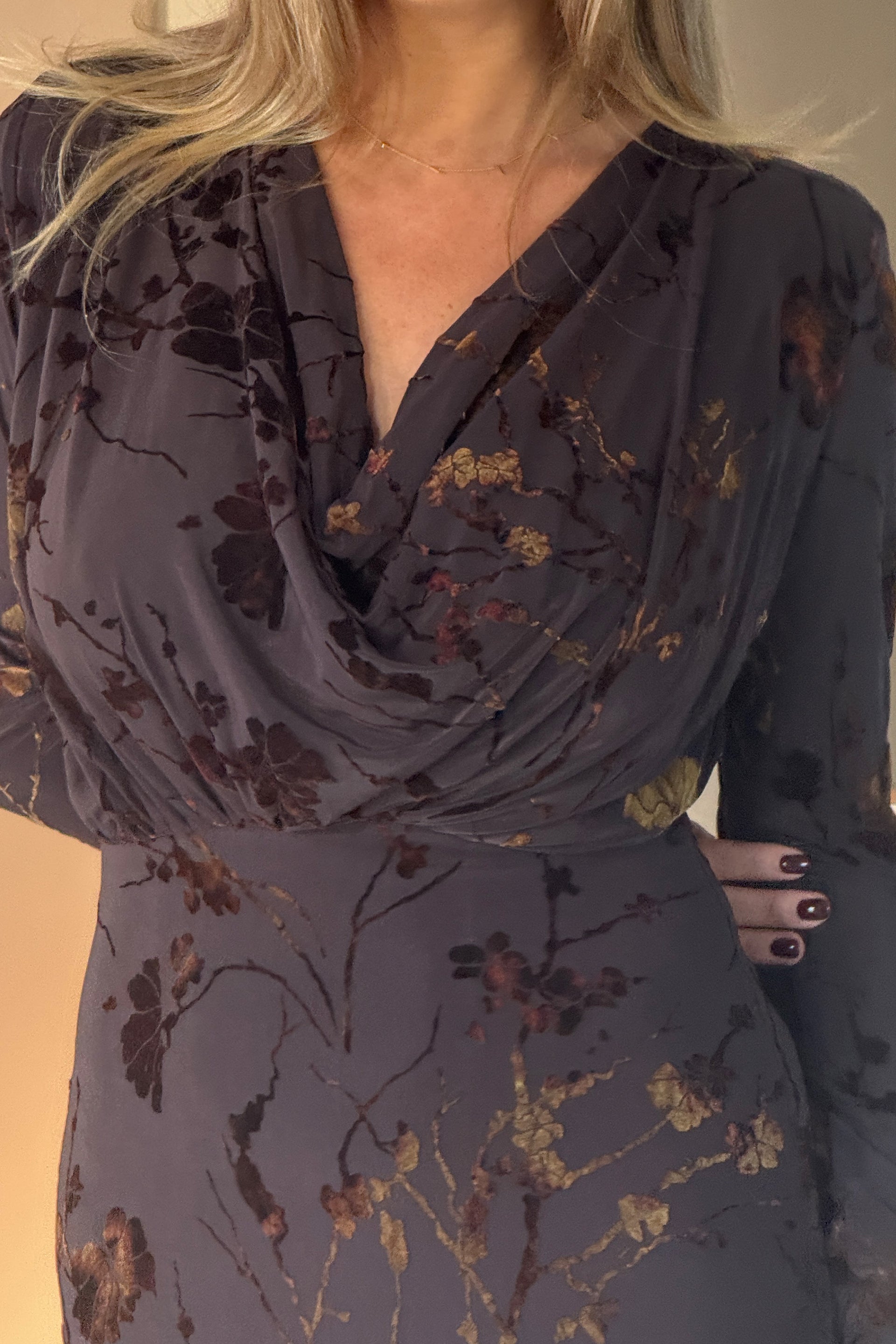 Remington Flocked Floral Cowl Neck Midi Dress Brown