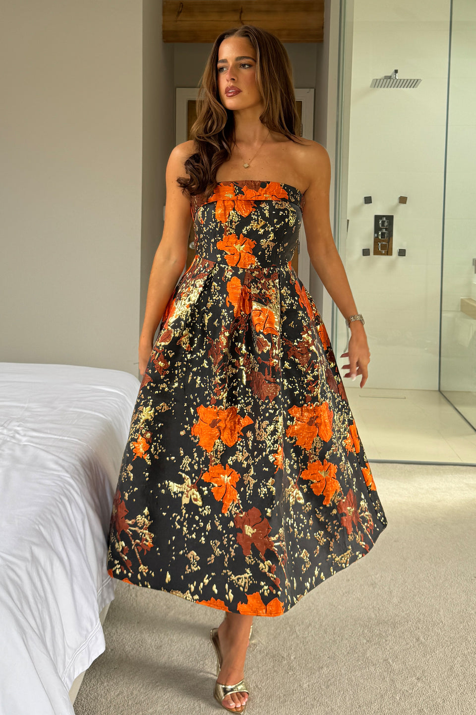 Danni Strapless Bandeau Midi Dress Black And Gold